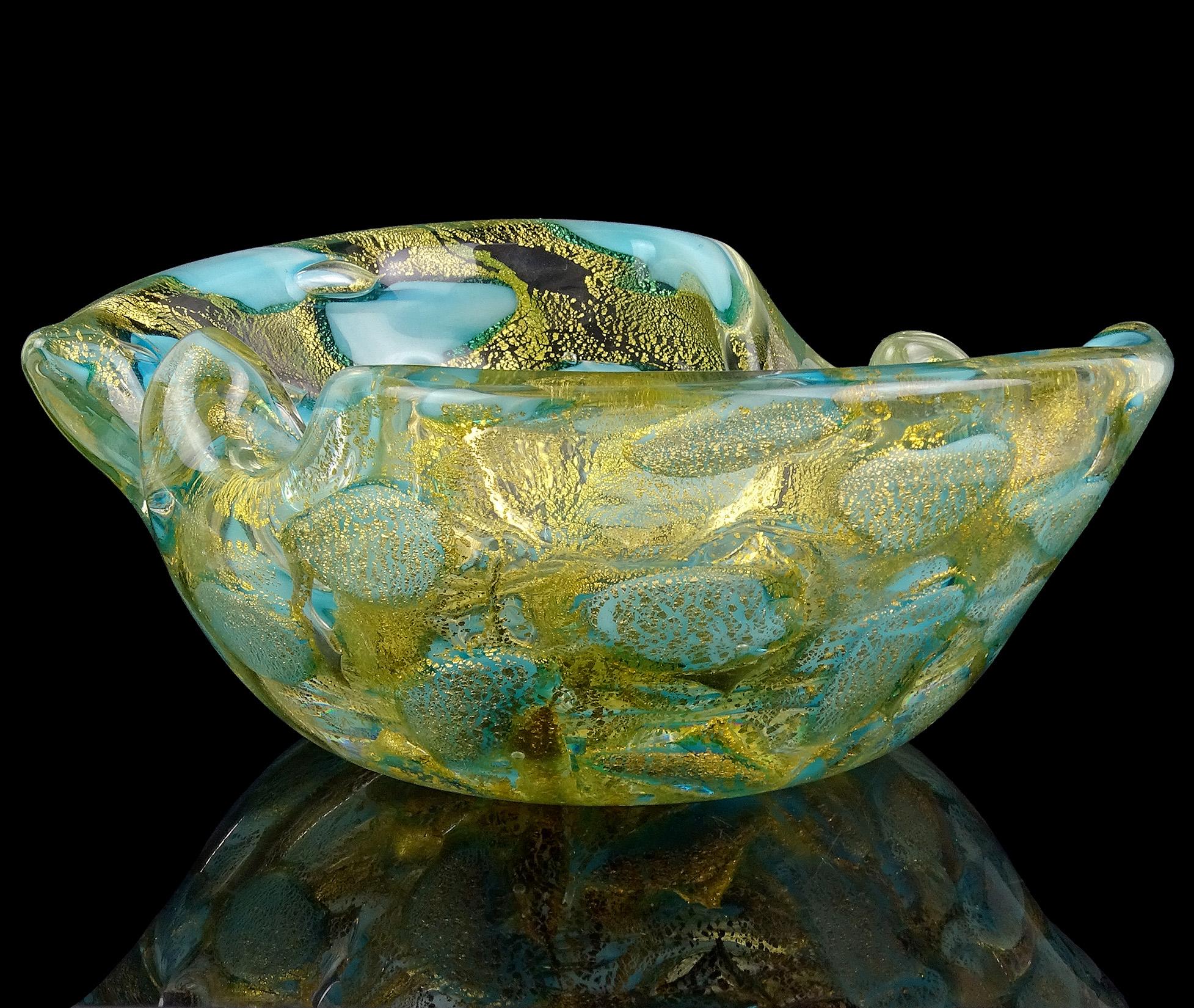 Barovier Toso Murano Gold Flecks Blue Spots Italian Art Glass Bowl Ashtray Dish In Good Condition In Kissimmee, FL