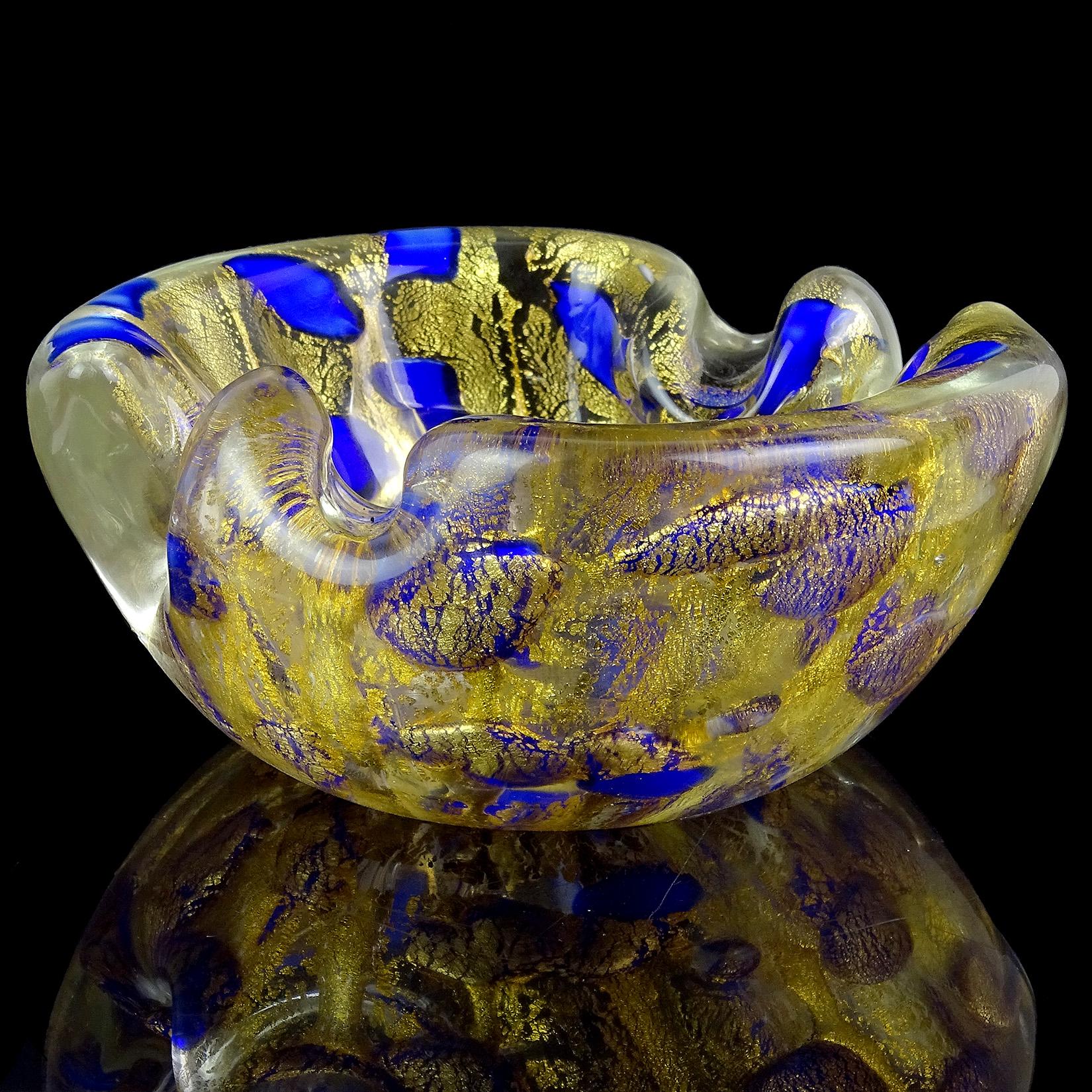 Mid-Century Modern Barovier Toso Murano Gold Flecks Blue Spots Italian Art Glass Bowl Ashtray Dish