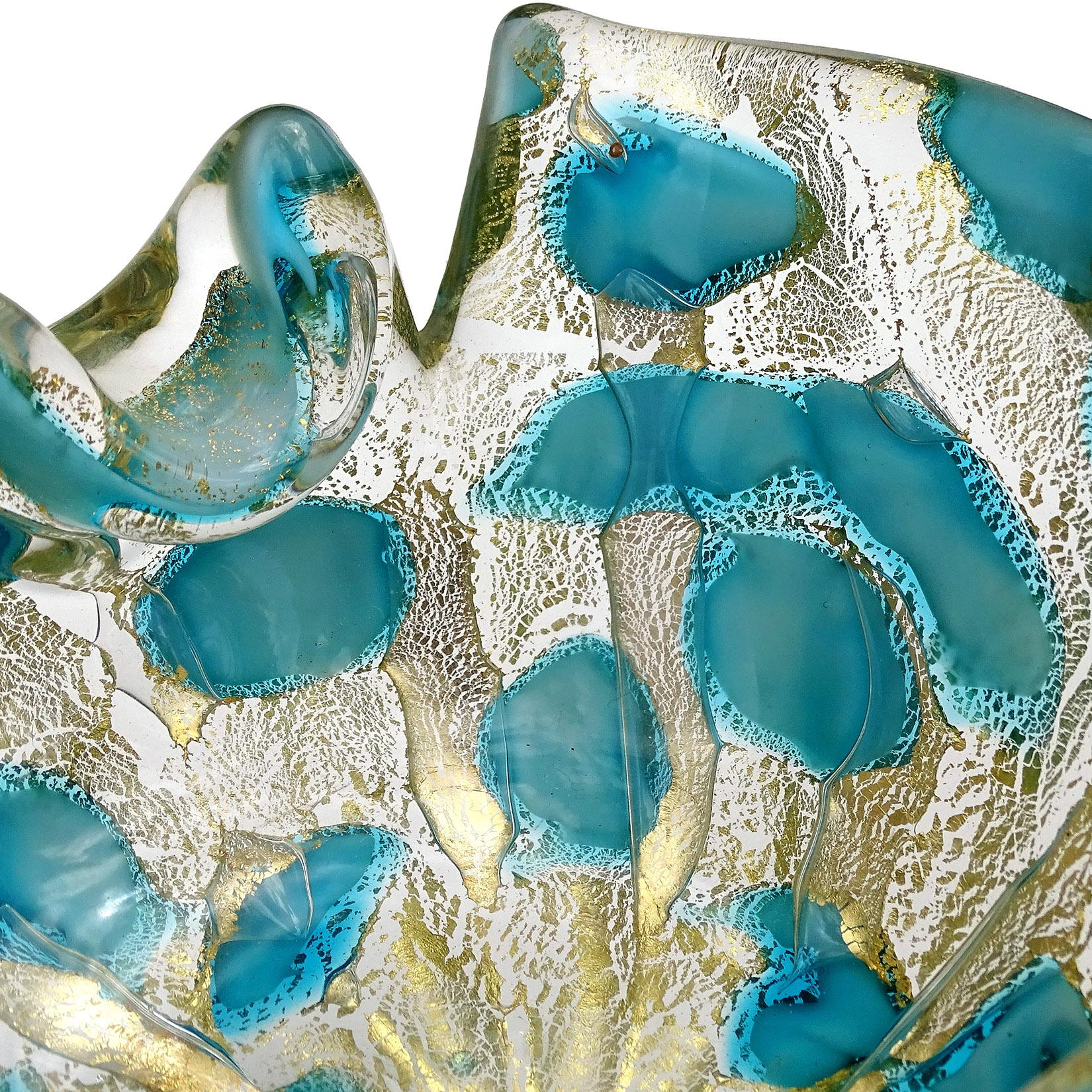 20th Century Barovier Toso Murano Gold Flecks Blue Spots Italian Art Glass Bowl Ashtray Dish