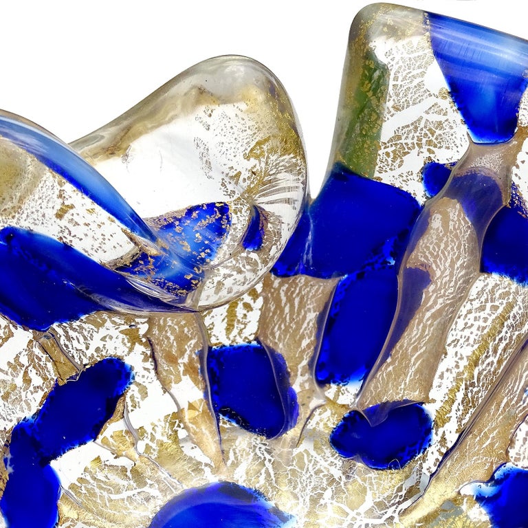 Barovier Toso Murano Gold Flecks Blue Spots Italian Art Glass Bowl