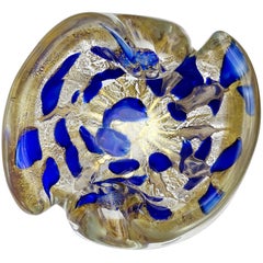 Vintage Barovier Toso Murano Gold Flecks Blue Spots Italian Art Glass Bowl Ashtray Dish