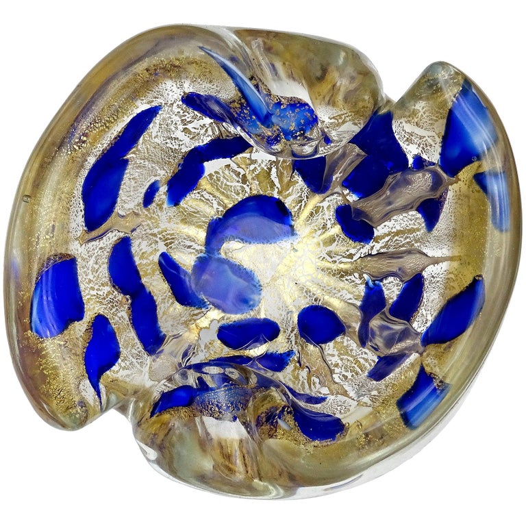 Barovier Toso Murano Gold Flecks Blue Spots Italian Art Glass Bowl Ashtray  Dish at 1stDibs