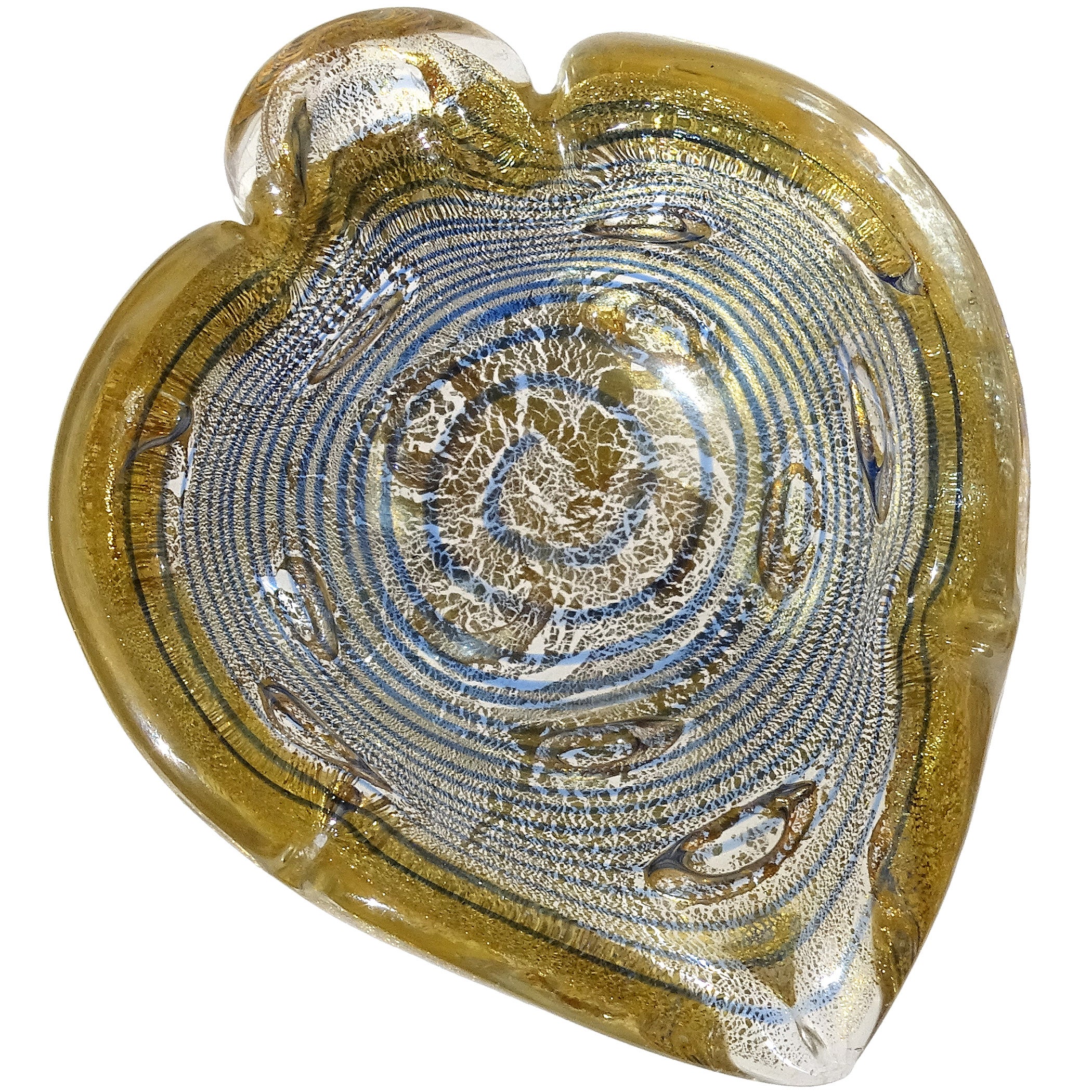 Barovier&Toso Murano Gold Flecks Blue Swirl Italian Art Glass Heart Dish Bowl (bol en forme de coeur)
