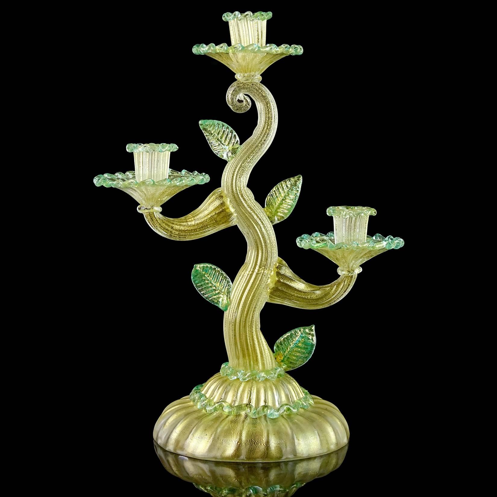 Gorgeous, and rare, large antique Murano hand blown, gold flecks with green accents Italian art glass tree shaped sculptural candelabra. Documented to designer Ercole Barovier for the Barovier e Toso company. It has green leafs and rigaree
