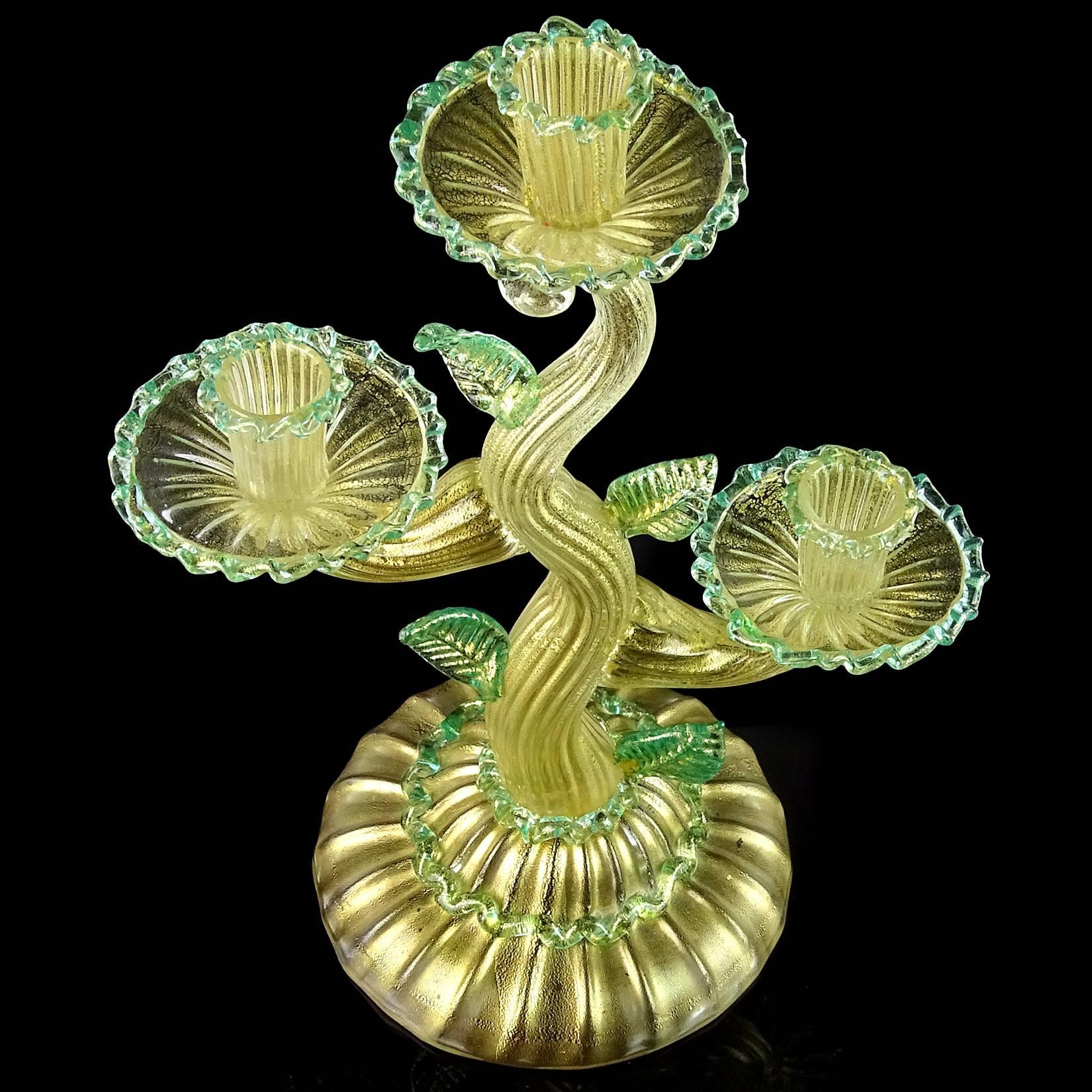 Barovier Toso Murano-Kerzenhalter aus grünem italienischem Kunstglas mit Goldflecken (Art déco) im Angebot