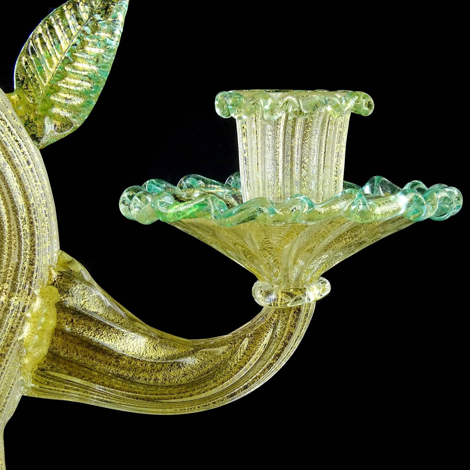Barovier Toso Murano Gold Flecks Green Italian Art Glass Candelabra Candleholder In Good Condition For Sale In Kissimmee, FL