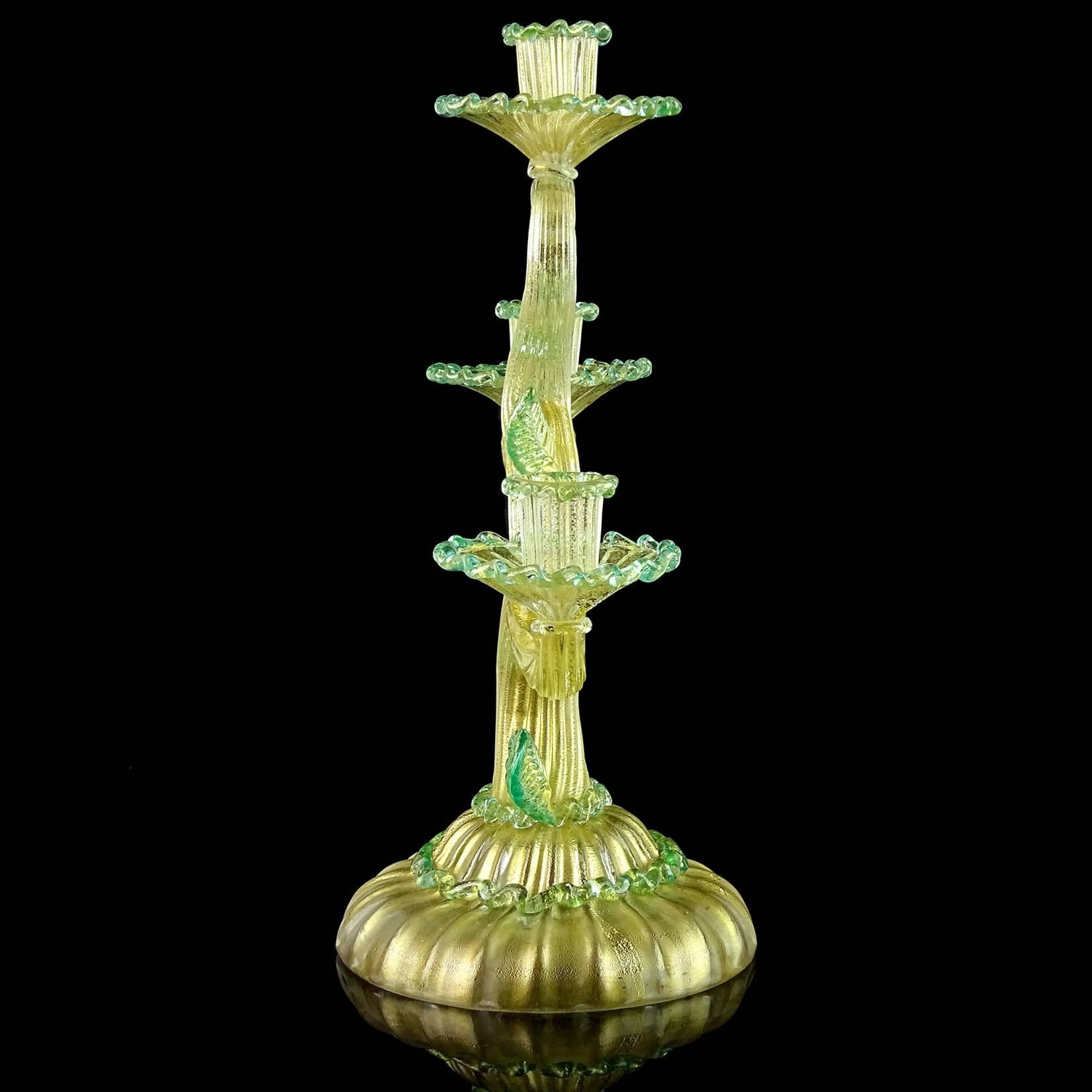 20th Century Barovier Toso Murano Gold Flecks Green Italian Art Glass Candelabra Candleholder For Sale