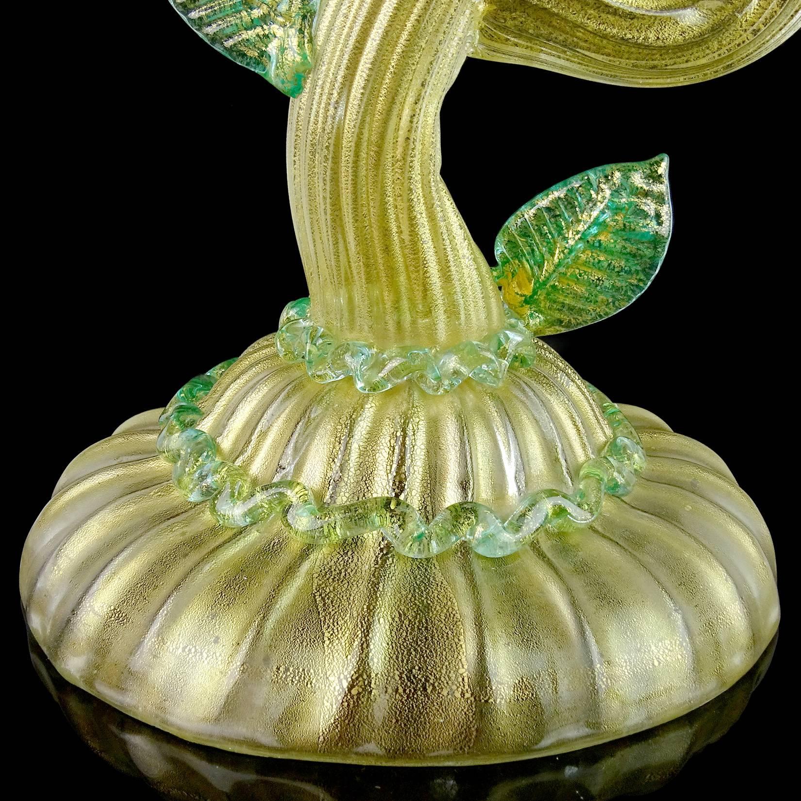 Hand-Crafted Barovier Toso Murano Gold Flecks Green Italian Art Glass Candelabra Candleholder For Sale