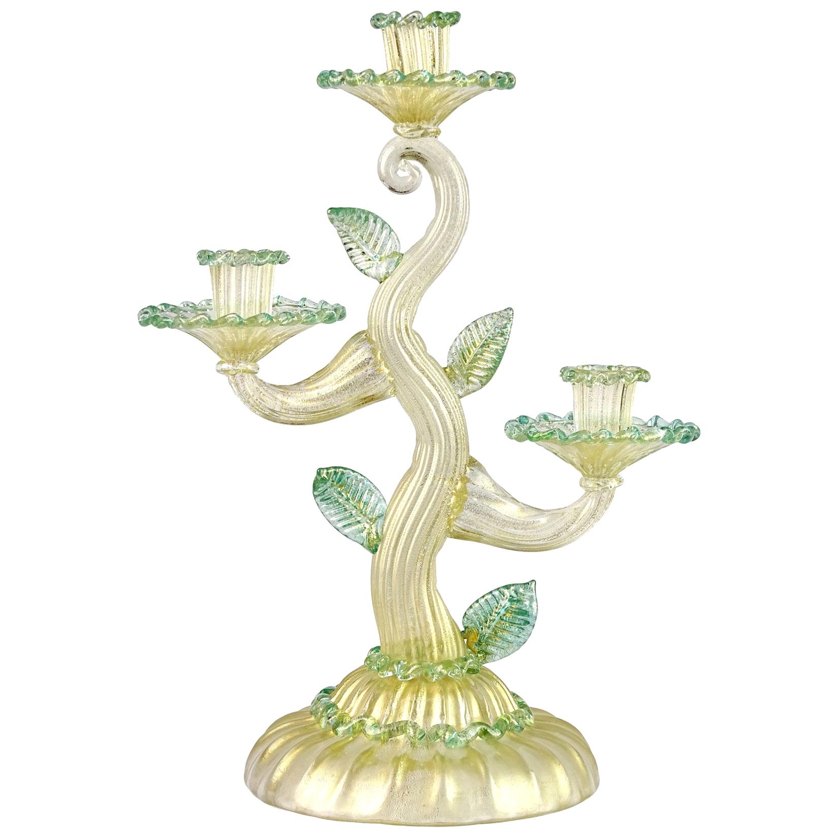 Barovier Toso Murano Gold Flecks Green Italian Art Glass Candelabra Candleholder