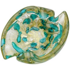 Barovier Toso Murano Gold Flecks Green Spots Italian Art Glass Bowl Ashtray Dish