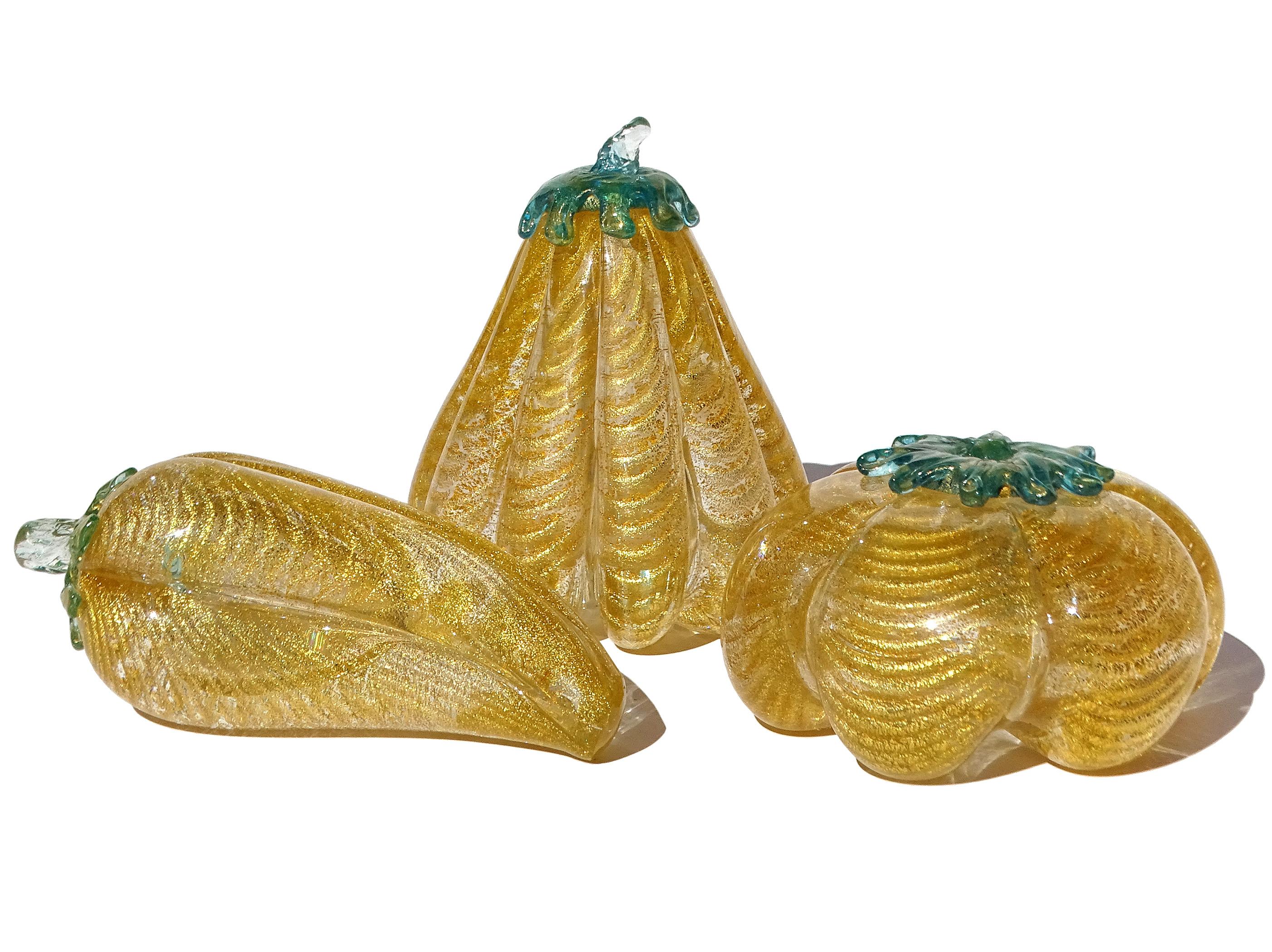 Mid-Century moderno Barovier&Toso Sculture di frutta in zucca e pepe in vetro artistico di Murano con riflessi dorati in vendita