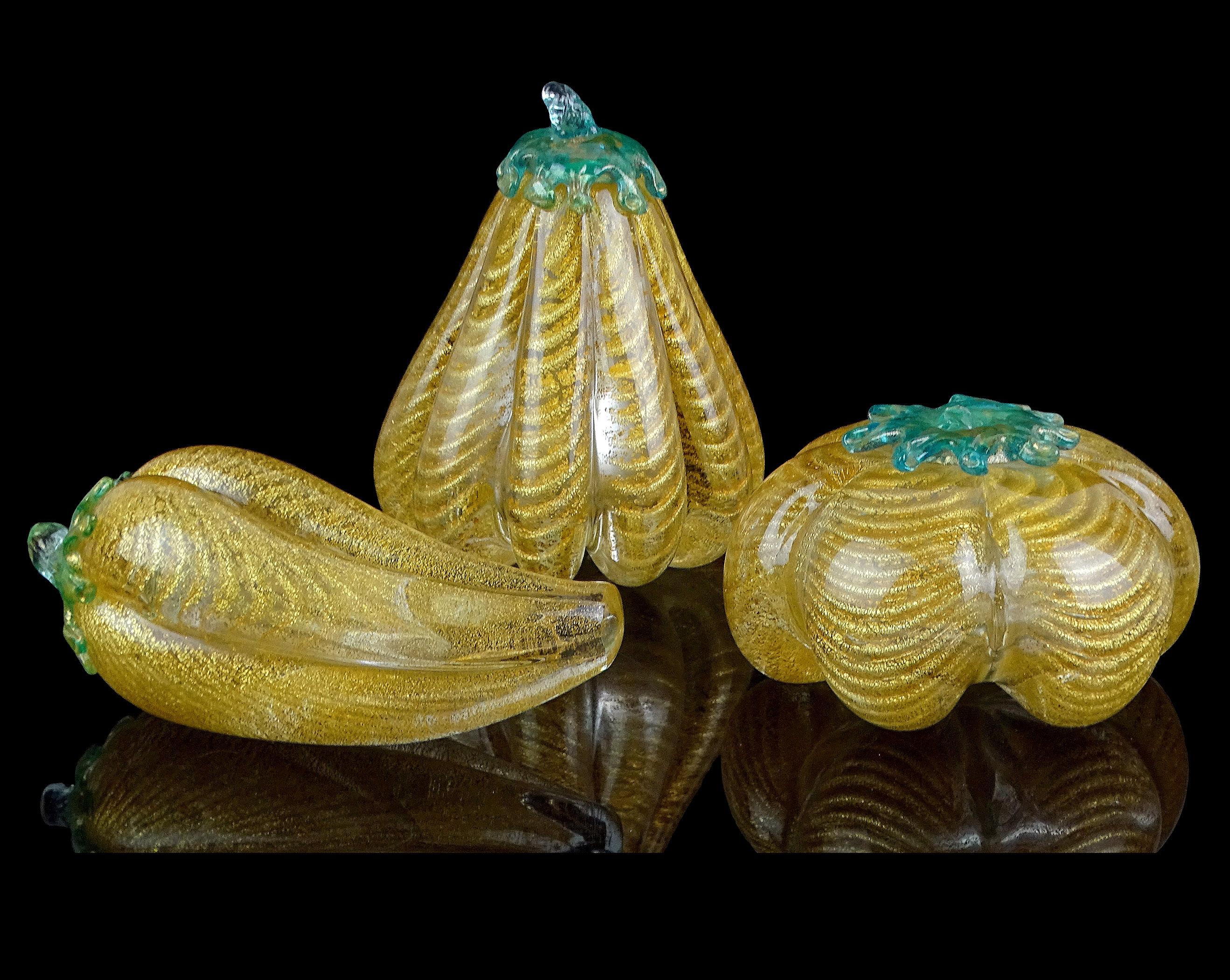 Italiano Barovier&Toso Sculture di frutta in zucca e pepe in vetro artistico di Murano con riflessi dorati in vendita