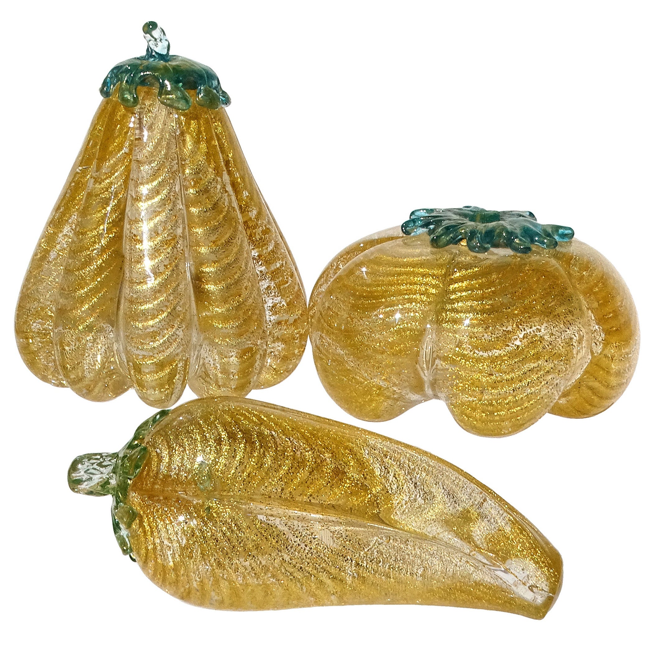 Barovier&Toso Sculture di frutta in zucca e pepe in vetro artistico di Murano con riflessi dorati