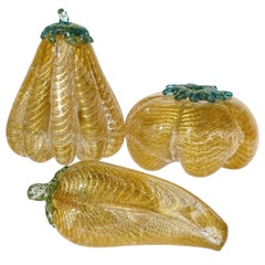 Barovier Toso Murano Gold Flecks Italian Art Glass Gourd Pepper Fruit Sculptures