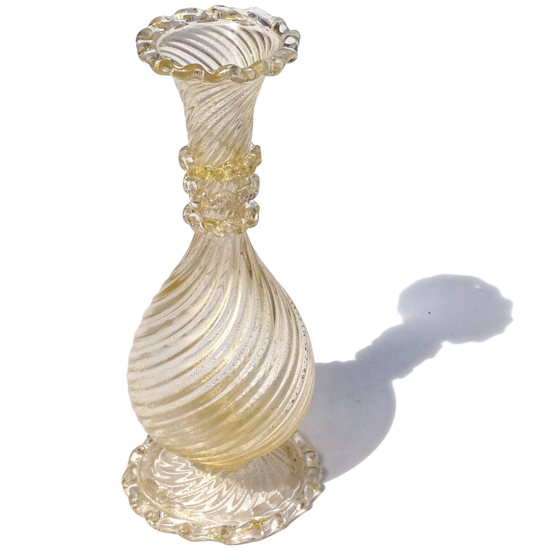 Mid-Century Modern Barovier Toso Murano Gold Flecks Italian Art Glass Ribbed Footed Flower Vase