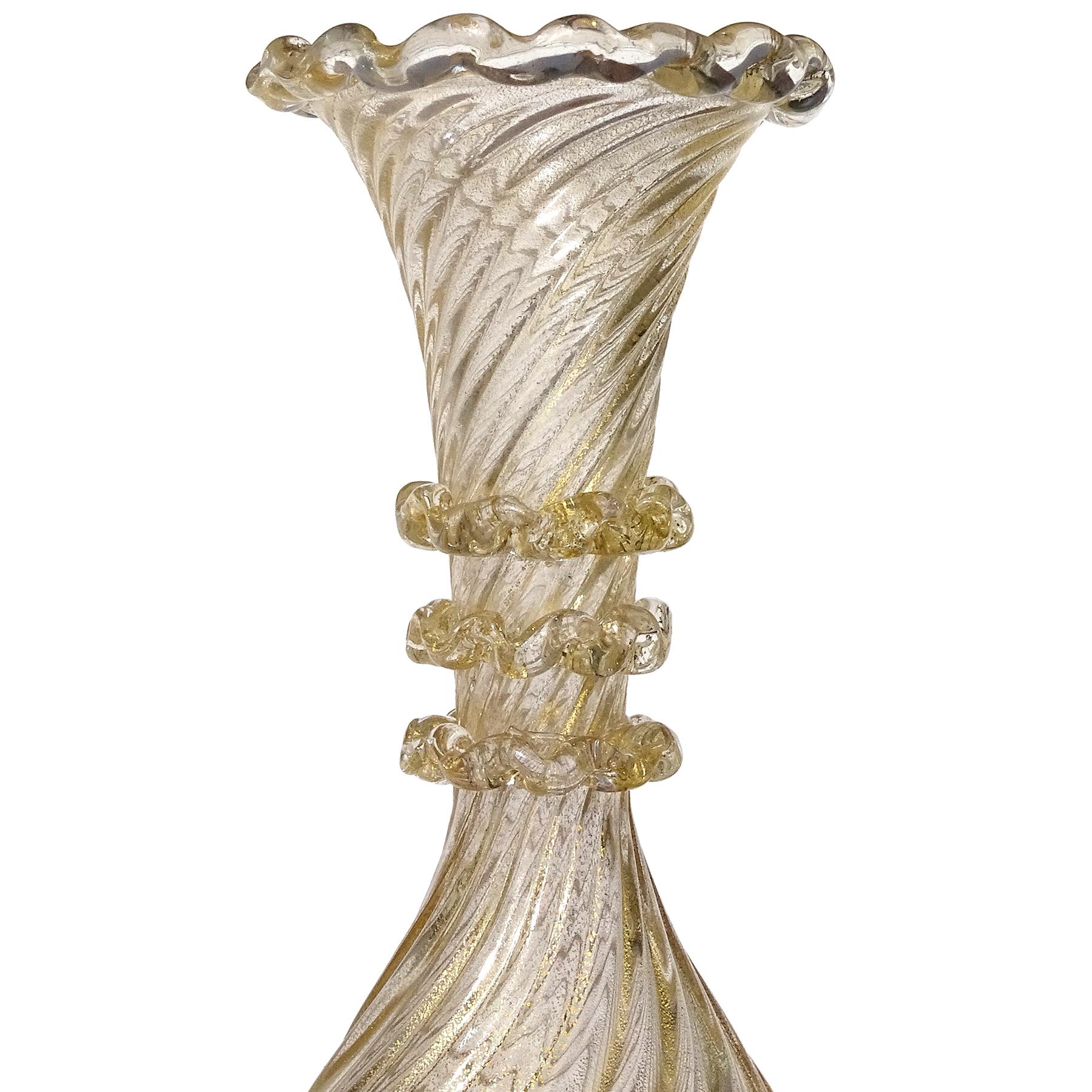 Hand-Crafted Barovier Toso Murano Gold Flecks Italian Art Glass Ribbed Footed Flower Vase