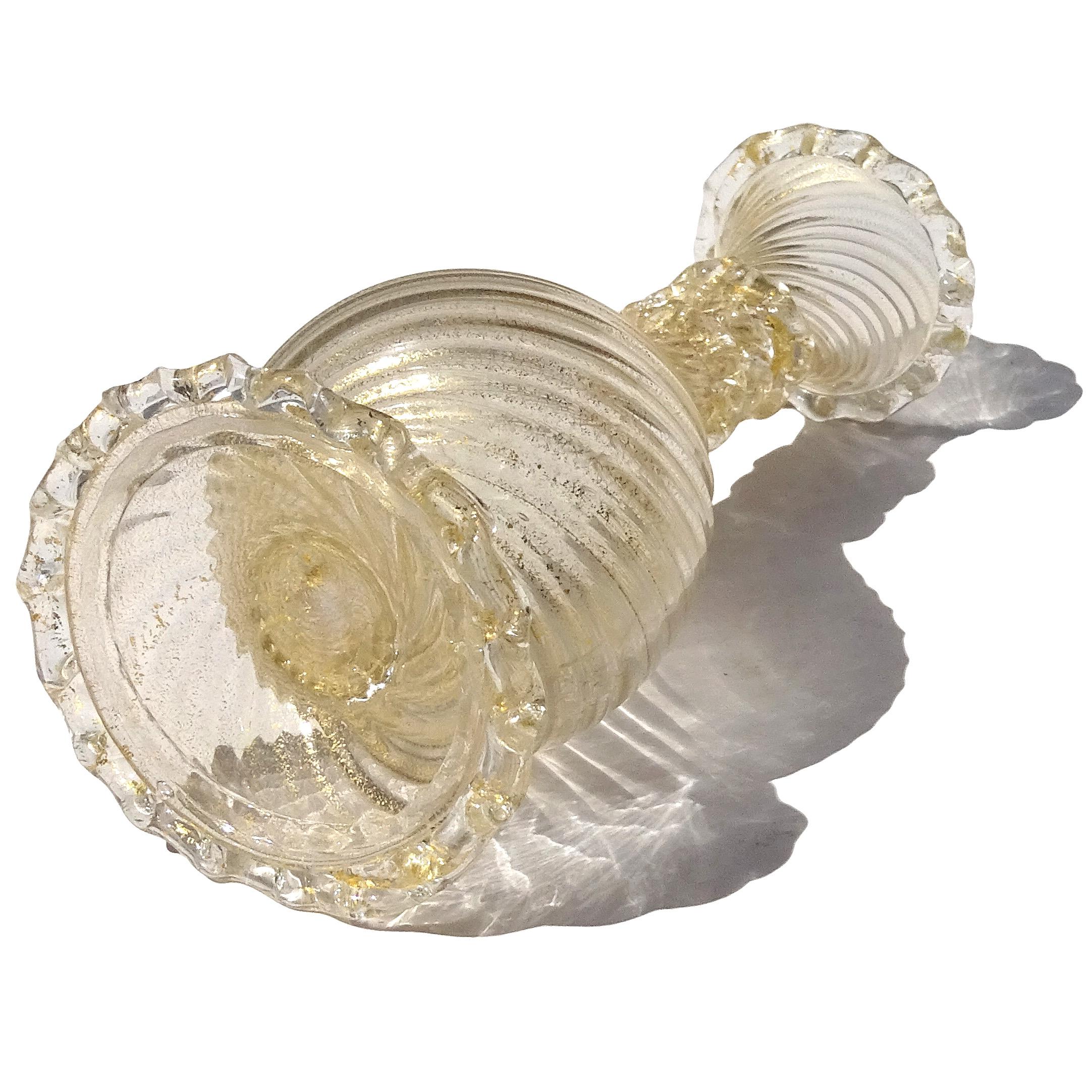20th Century Barovier Toso Murano Gold Flecks Italian Art Glass Ribbed Footed Flower Vase