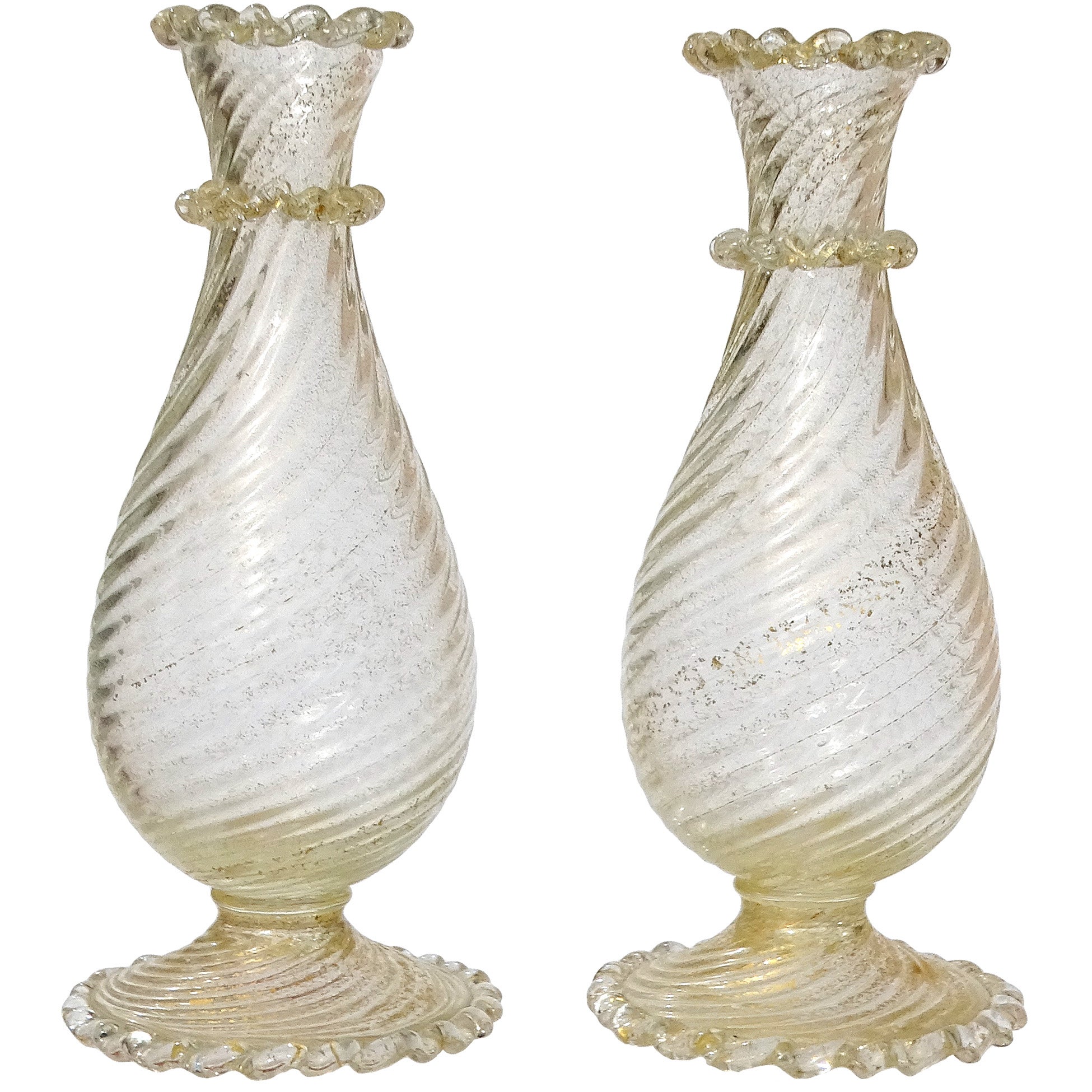 Barovier Toso Murano Gold Flecks Italian Art Glass Ribbed Footed Flower Vases