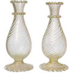 Barovier Toso Murano Gold Flecks Italian Art Glass Ribbed Footed Flower Vases