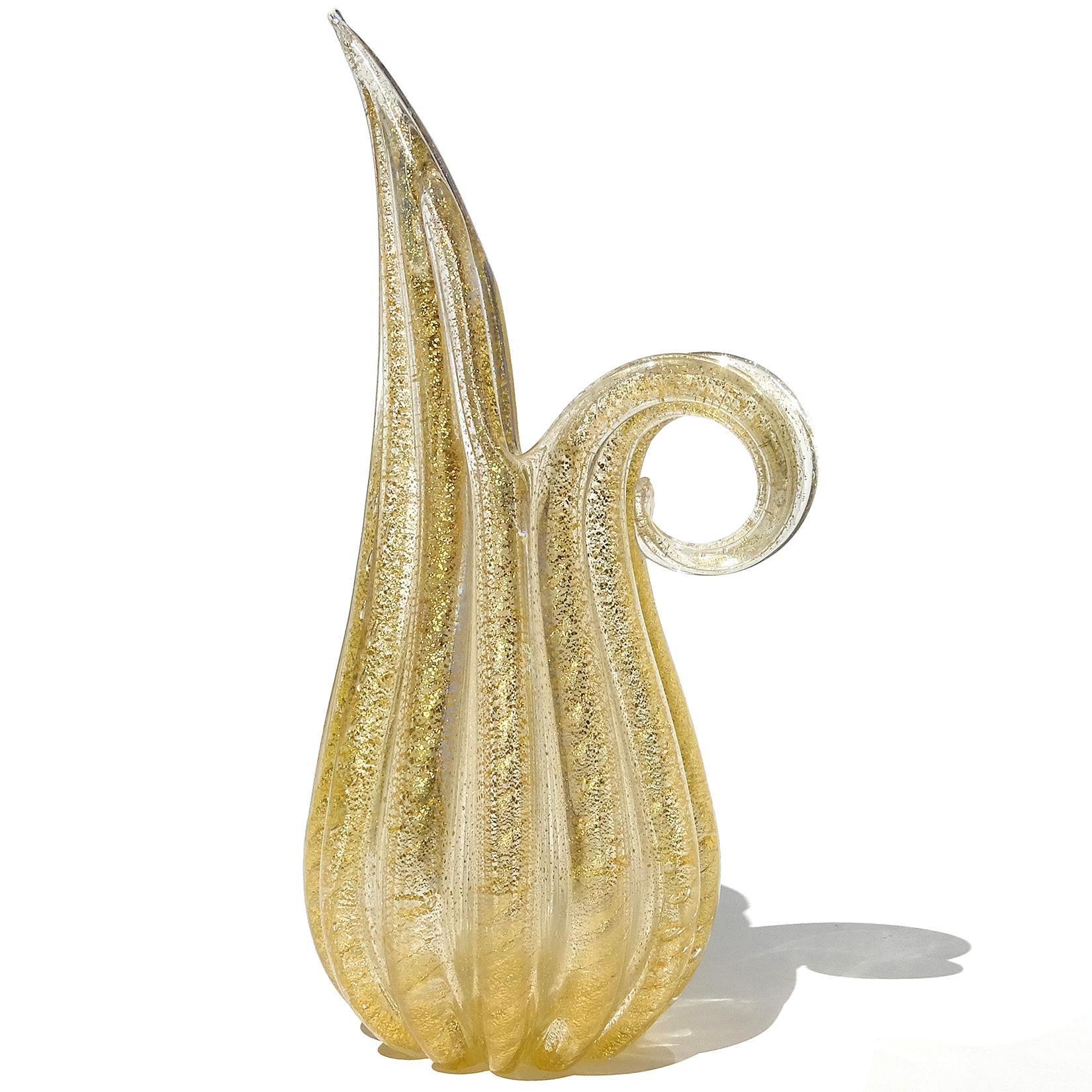 Mid-Century Modern Barovier Toso Murano Gold Flecks Italian Art Glass Ribbed Pitcher Flower Vase For Sale