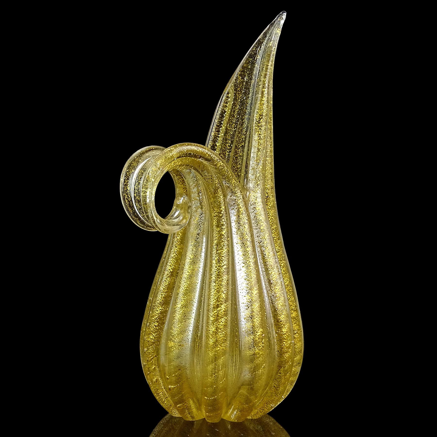 Hand-Crafted Barovier Toso Murano Gold Flecks Italian Art Glass Ribbed Pitcher Flower Vase For Sale
