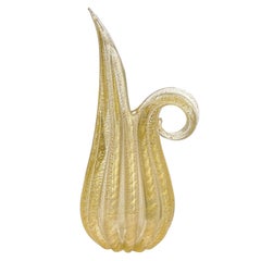 Barovier Toso Murano Gold Flecks Italian Art Glass Ribbed Pitcher Flower Vase