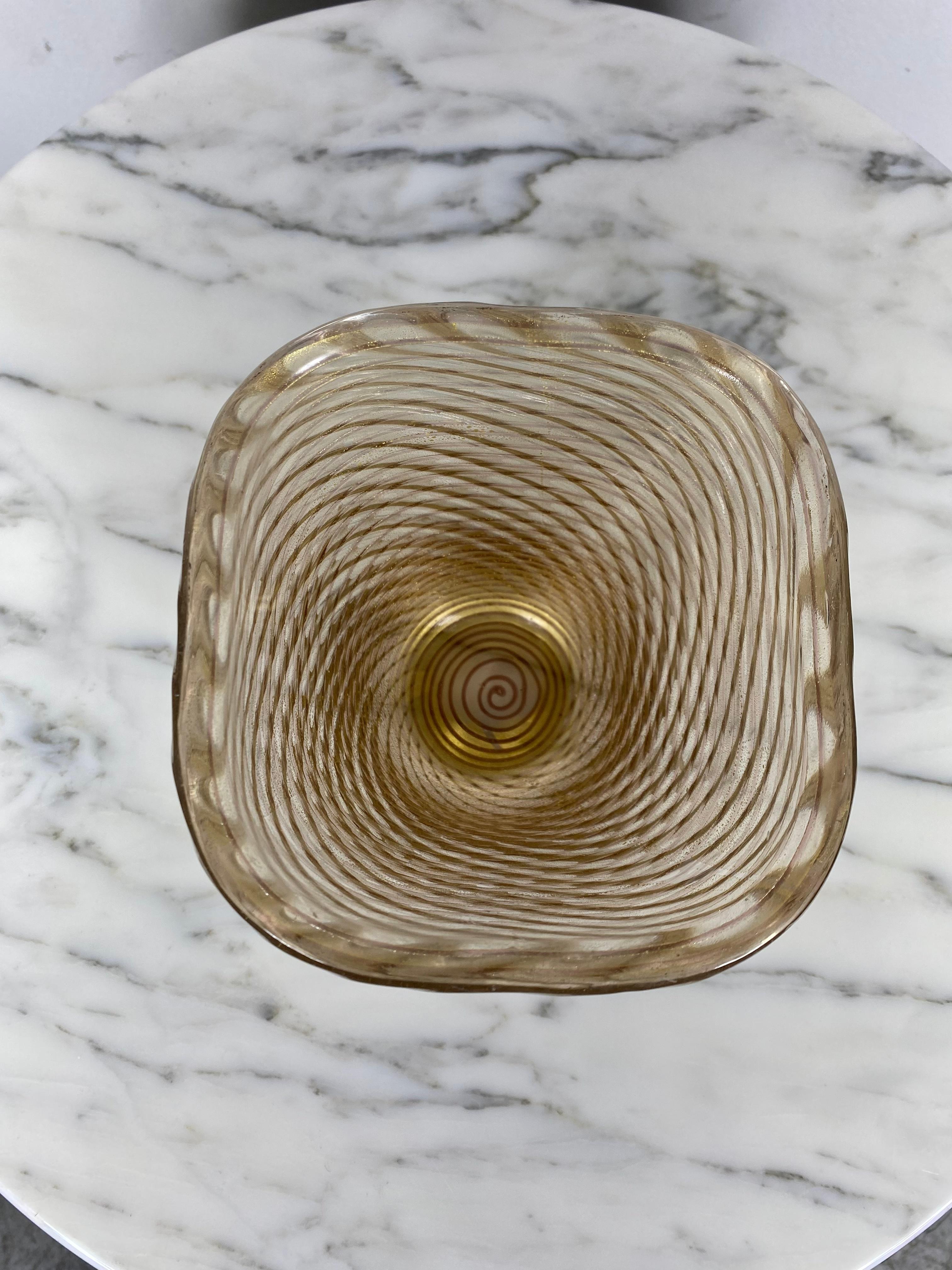 Mid-20th Century Barovier Toso Murano Gold Flecks Italian Art Glass Ribbed Vase/ Vessel For Sale