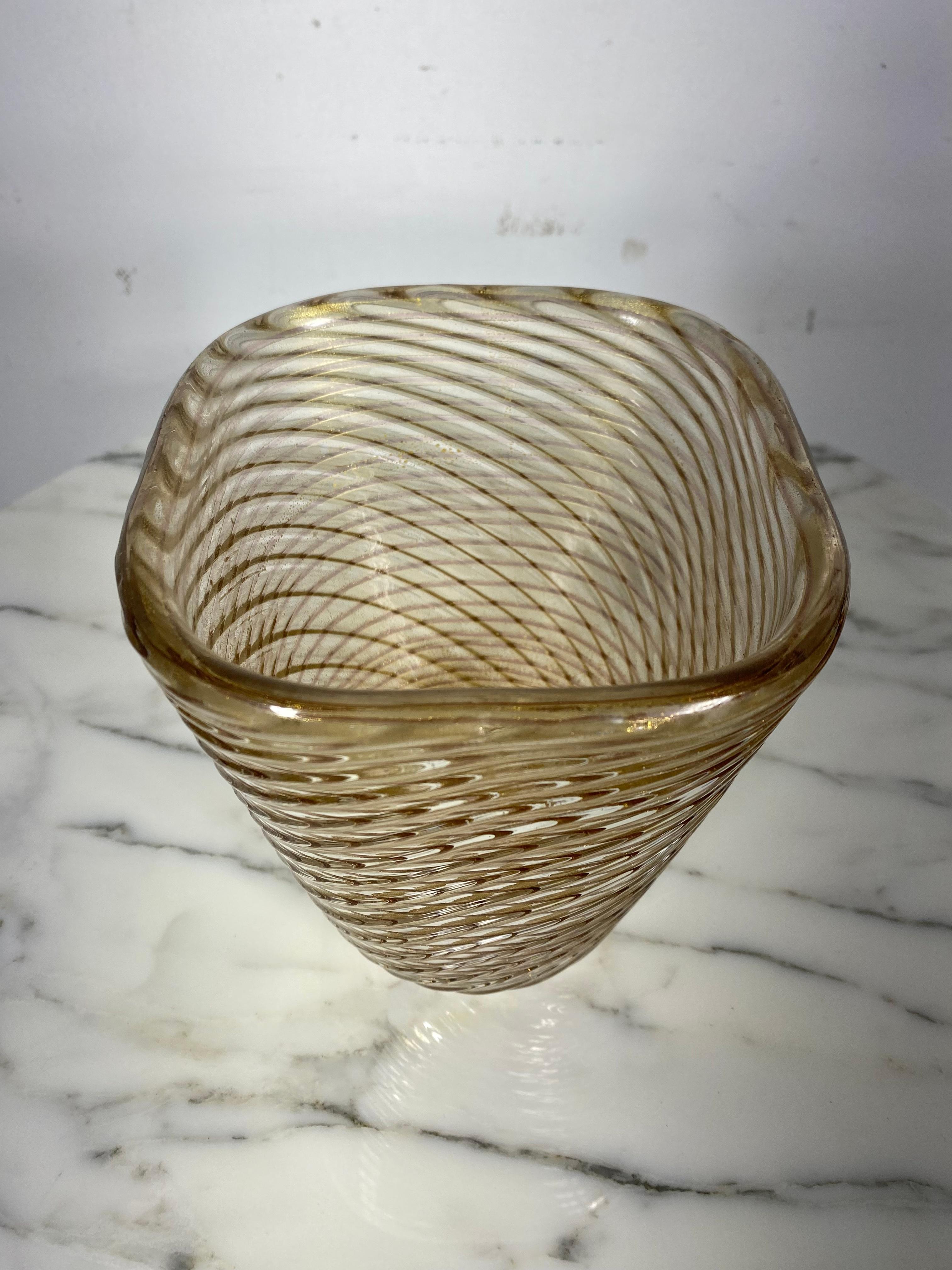 Barovier Toso Murano Gold Flecks Italian Art Glass Ribbed Vase/ Vessel For Sale 1
