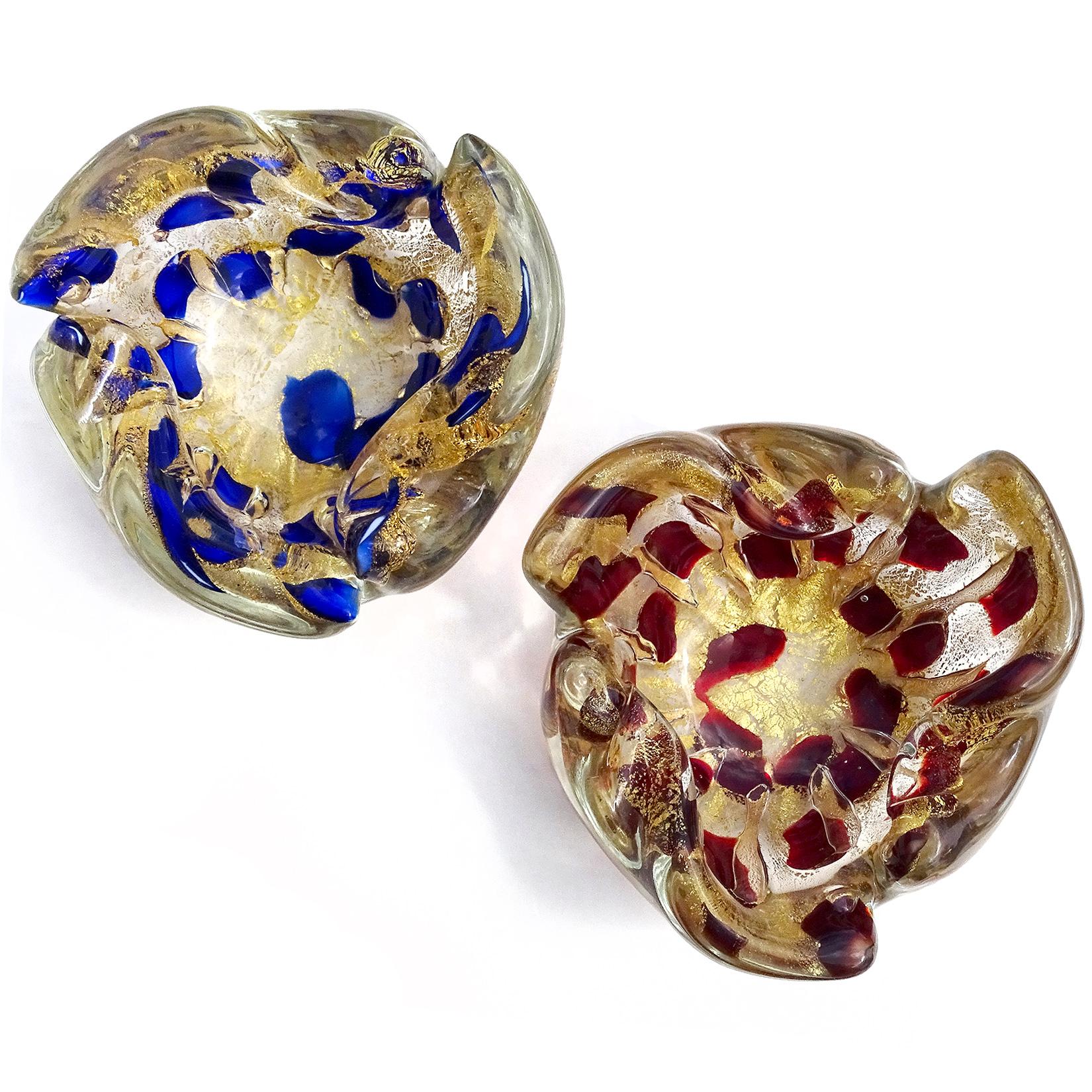 Priced per item (2 colors available as shown). Beautiful vintage Murano hand blown gold flecks Italian art glass bowl or ashtray. Documented to the Barovier e Toso Company. One decorated with cobalt blue color spots, and the other with dark red. The