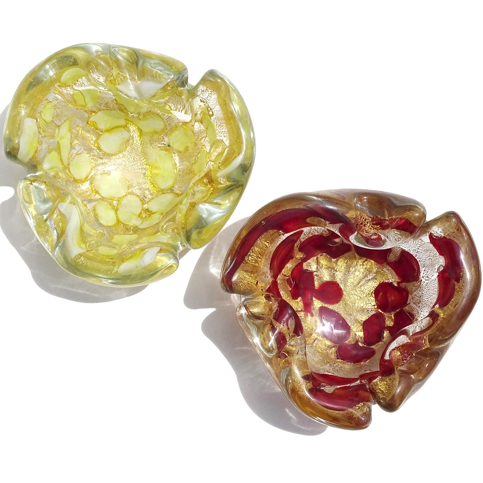 Priced per item (2 colors available as shown). Beautiful vintage Murano hand blown gold flecks Italian art glass bowl or ashtray. Documented to the Barovier e Toso Company. One decorated with yellow color spots, and the other with red. The bowls are