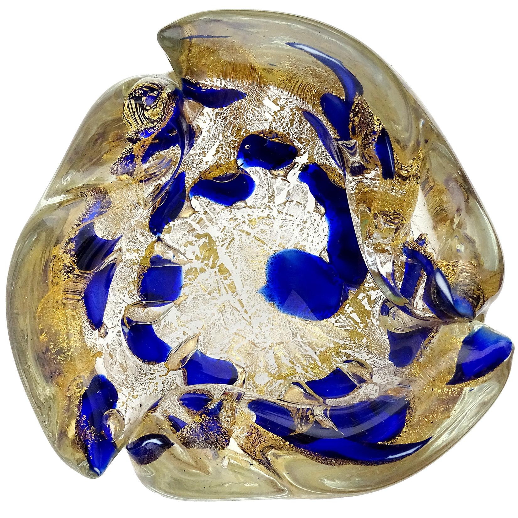 Mid-Century Modern Barovier Toso Murano Gold Flecks Italian Art Glass Scissor Cut Rim Ashtray Dish