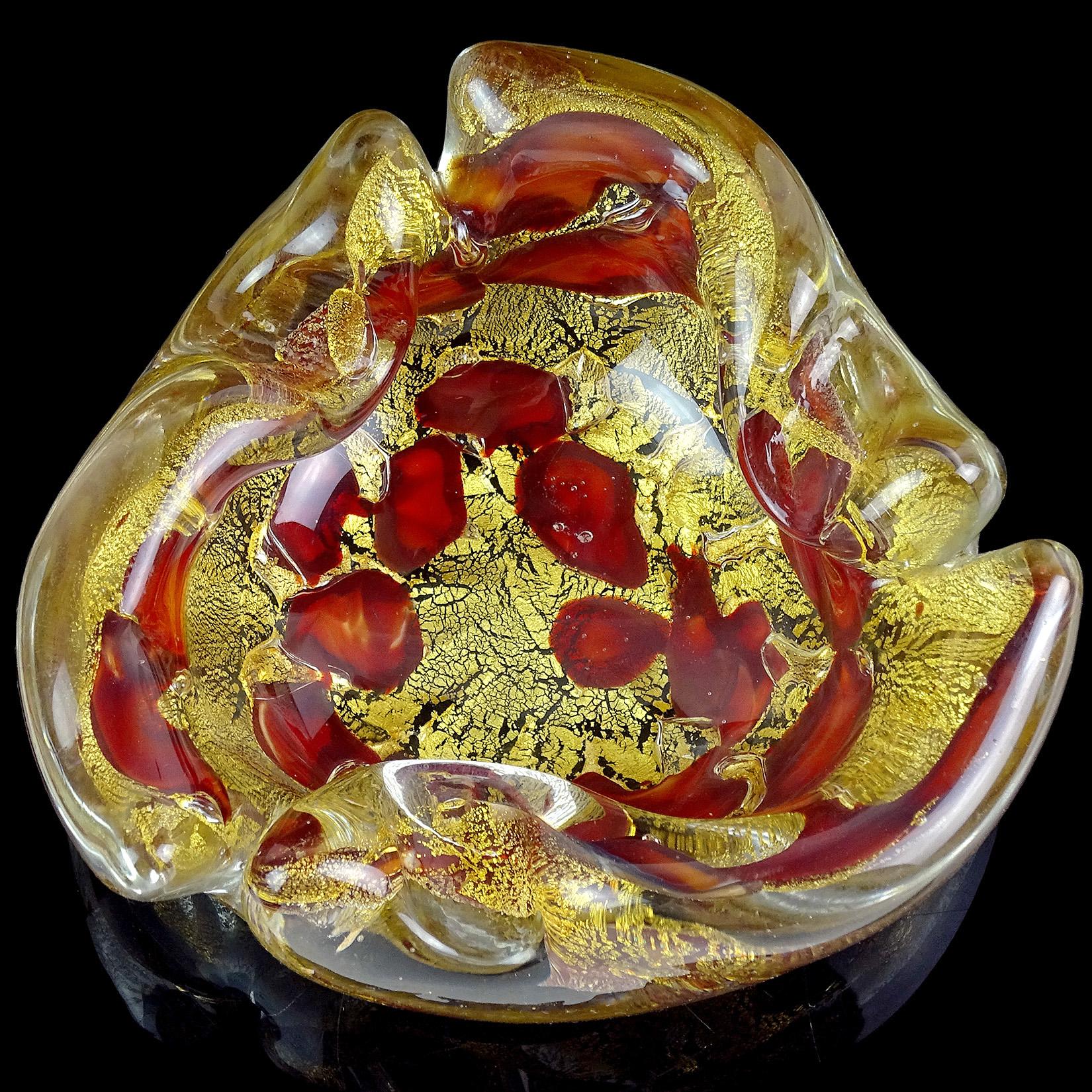 Blown Glass Barovier Toso Murano Gold Flecks Italian Art Glass Scissor Cut Rim Ashtray Dish