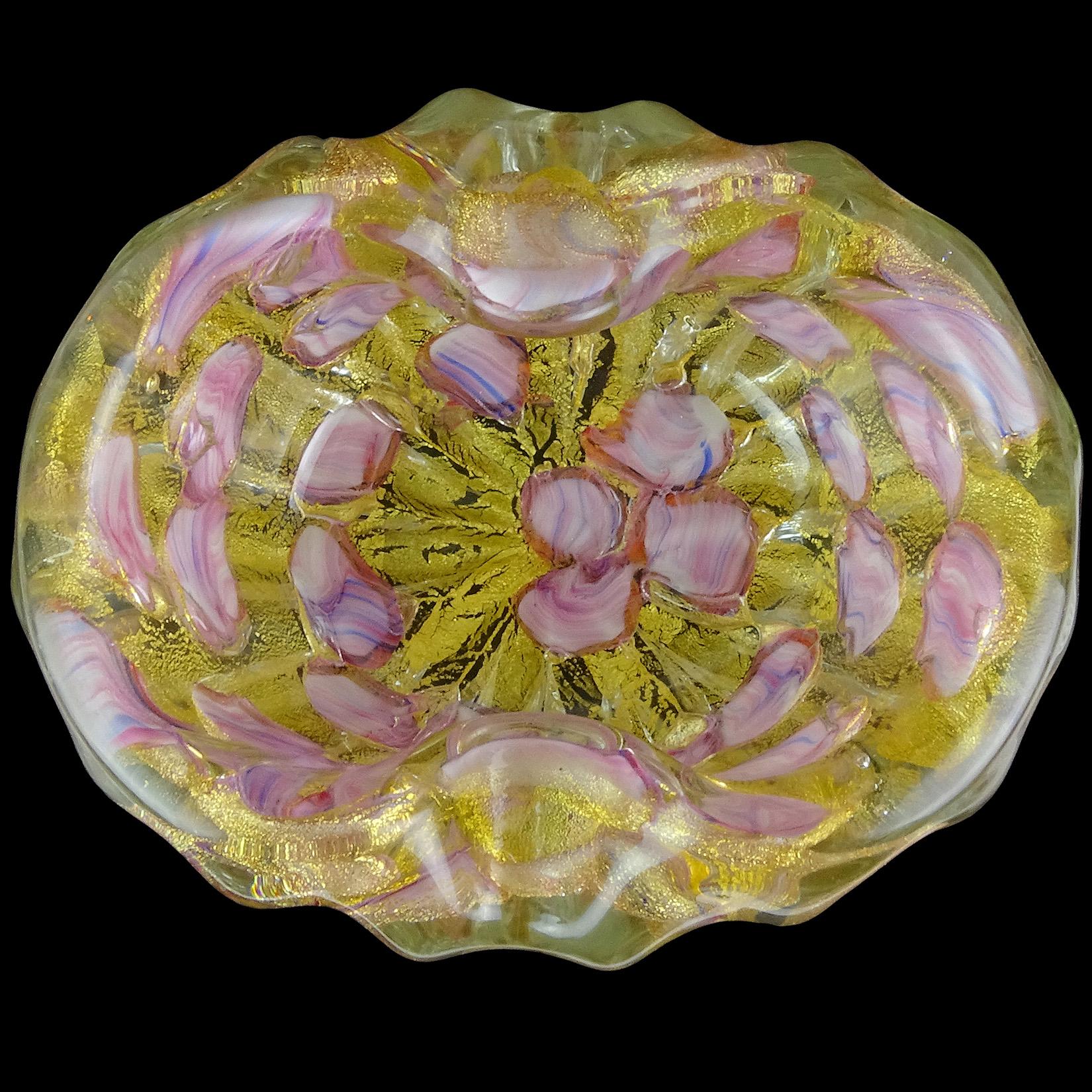 Beautiful Murano hand blown gold flecks, with pink and blue swirled spots Italian art glass bowl or ashtray. Documented to the Barovier e Toso Company. Created with very thick and heavy glass. Measures: 6 1/4” x 5 1/4