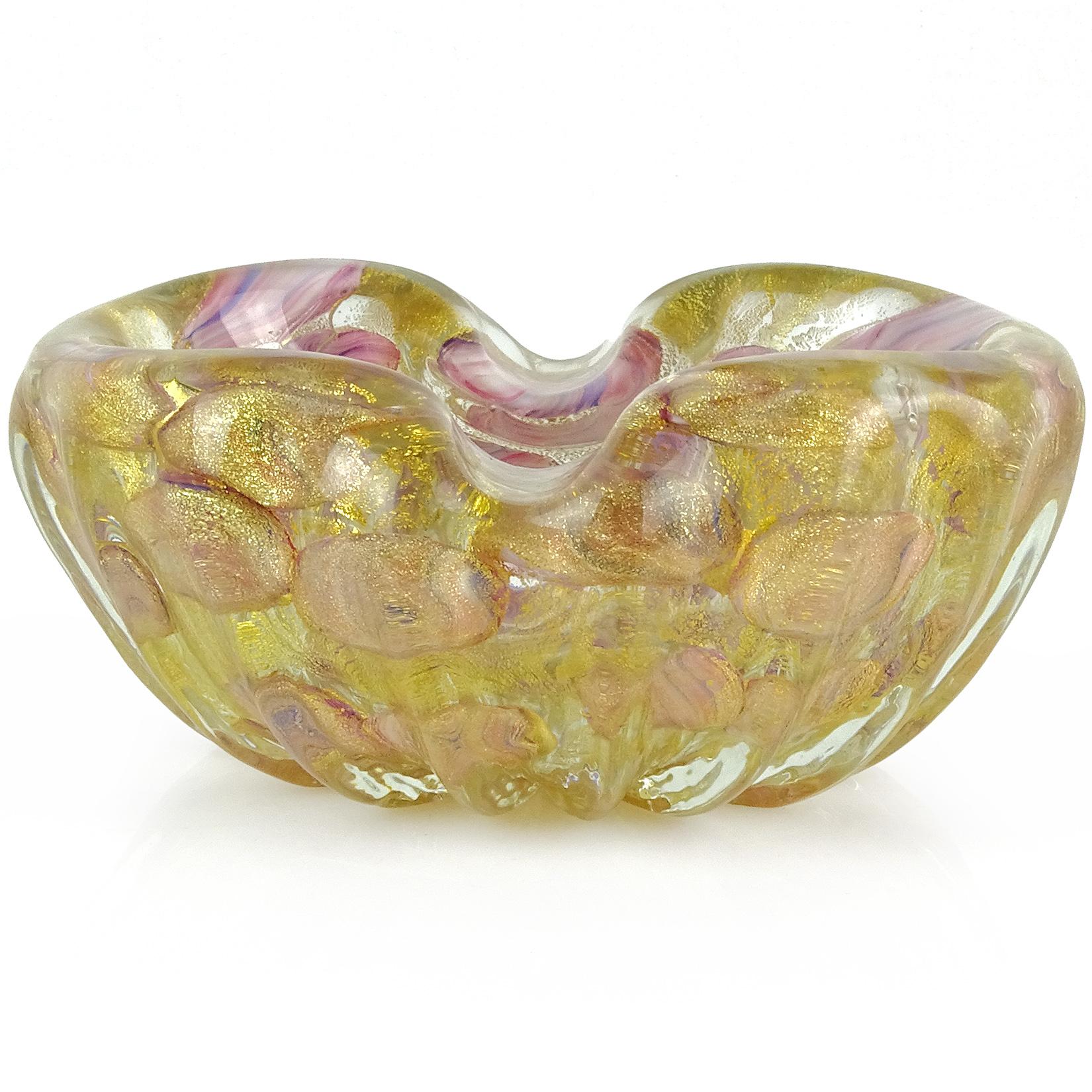 Mid-Century Modern Barovier Toso Murano Gold Flecks Pink Blue Spots Italian Art Glass Ashtray Bowl