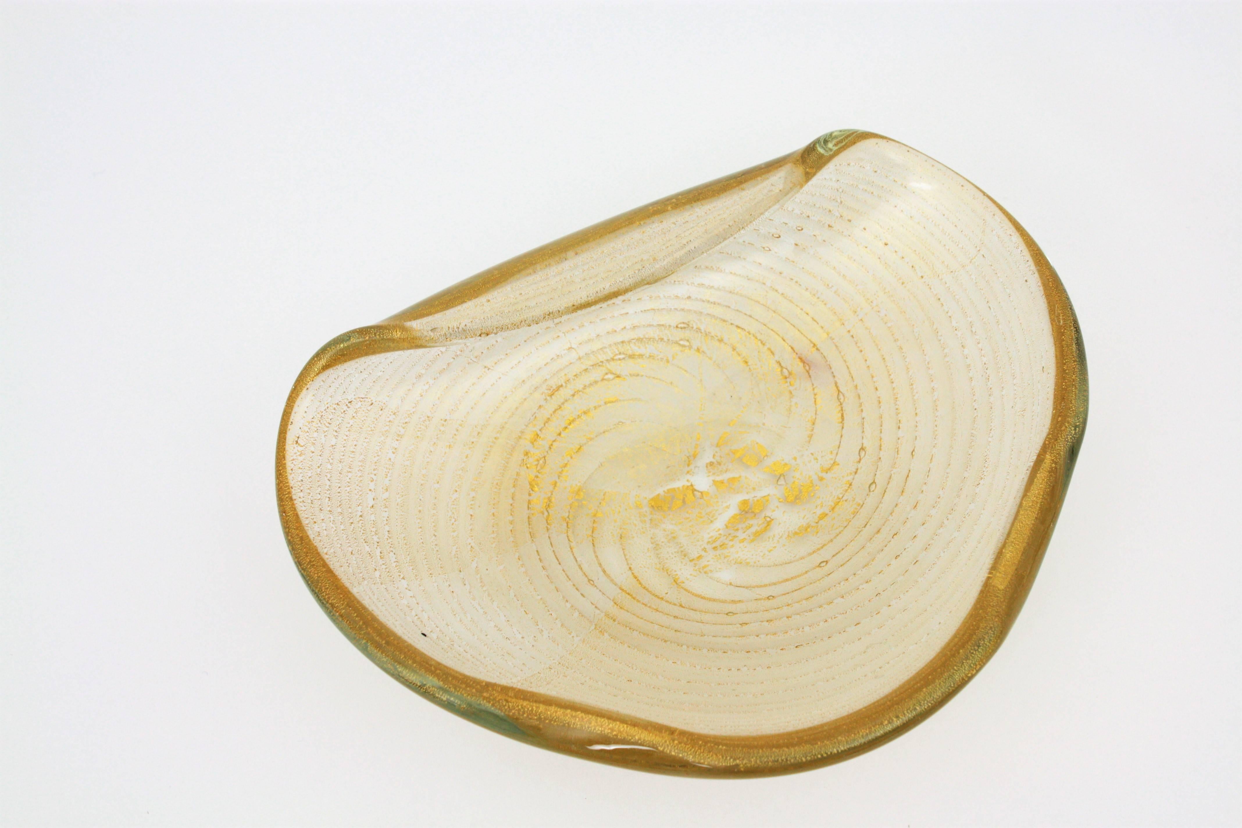 Barovier Toso Murano Gold Flecks Swirls Art Glass Bowl with Folded Rim 4