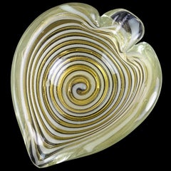 Barovier Toso Murano Gold Flecks White Swirl Italian Art Glass Heart Dish Bowl