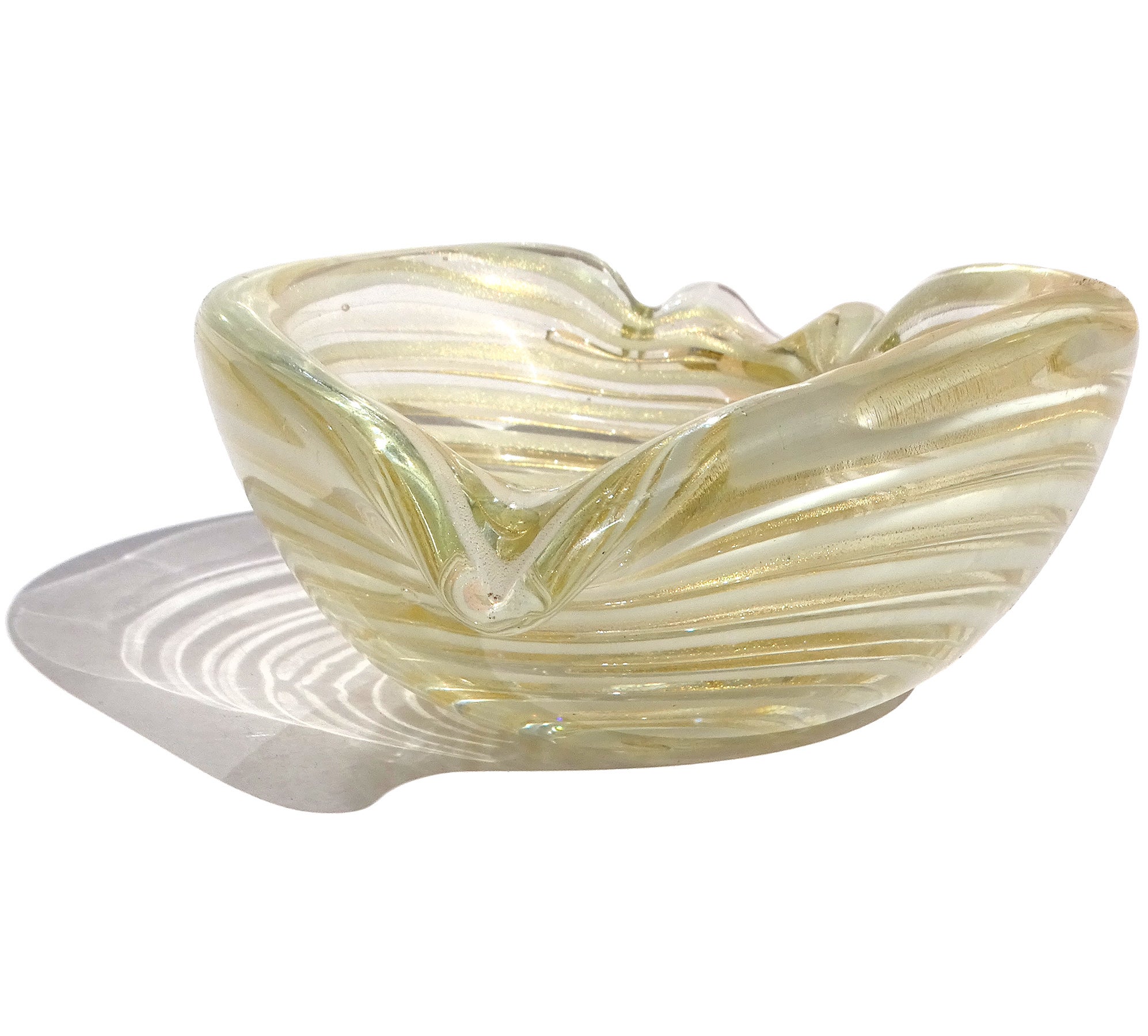 XX secolo Barovier&Toso Murano Ciotola a cuore in vetro artistico italiano a macchie d'oro e vortici bianchi in vendita