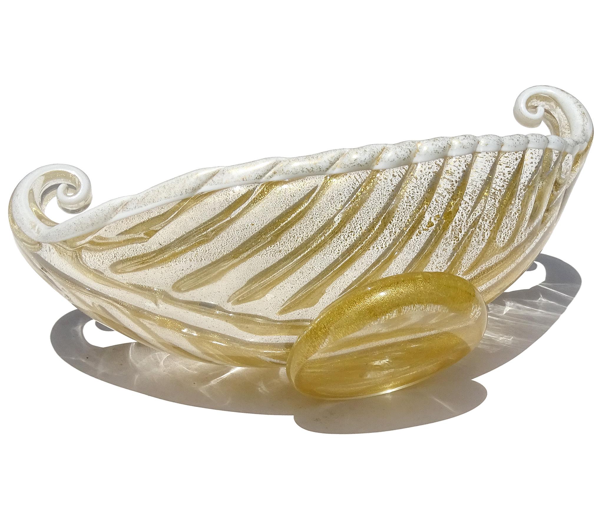 Barovier Toso Murano Gold Leaf White Trim Italian Art Glass Gondola Footed Bowl For Sale 1