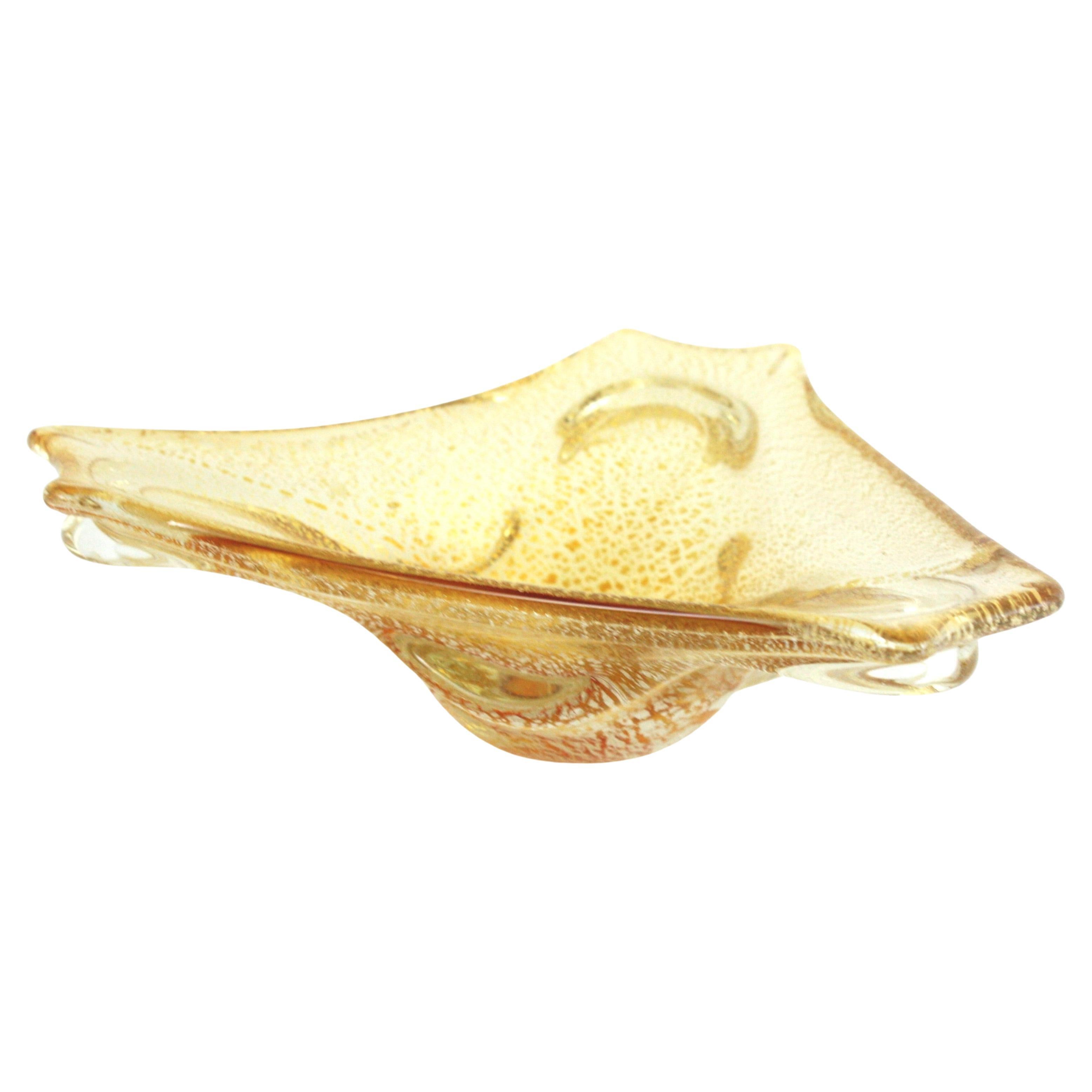 Ciotola triangolare in vetro artistico Barovier&Toso Murano Gold & Silver Flecks in vendita