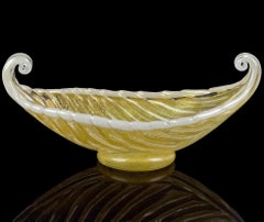 Barovier Toso Murano Gold White Trim Italian Art Glass Gondola Footed Bowl Dish
