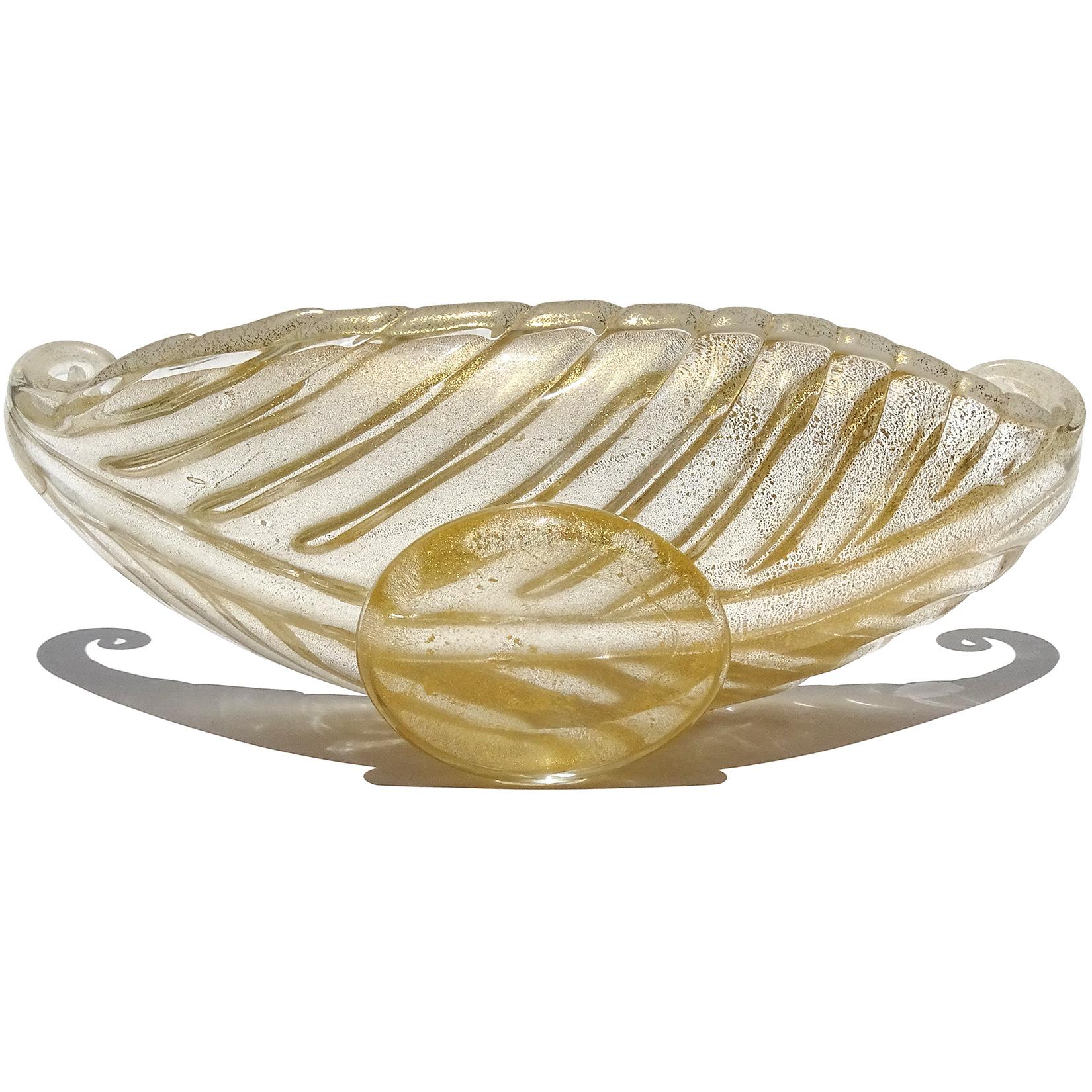 Hand-Crafted Barovier Toso Murano Gold White Trim Italian Art Glass Gondola Footed Bowl Dish