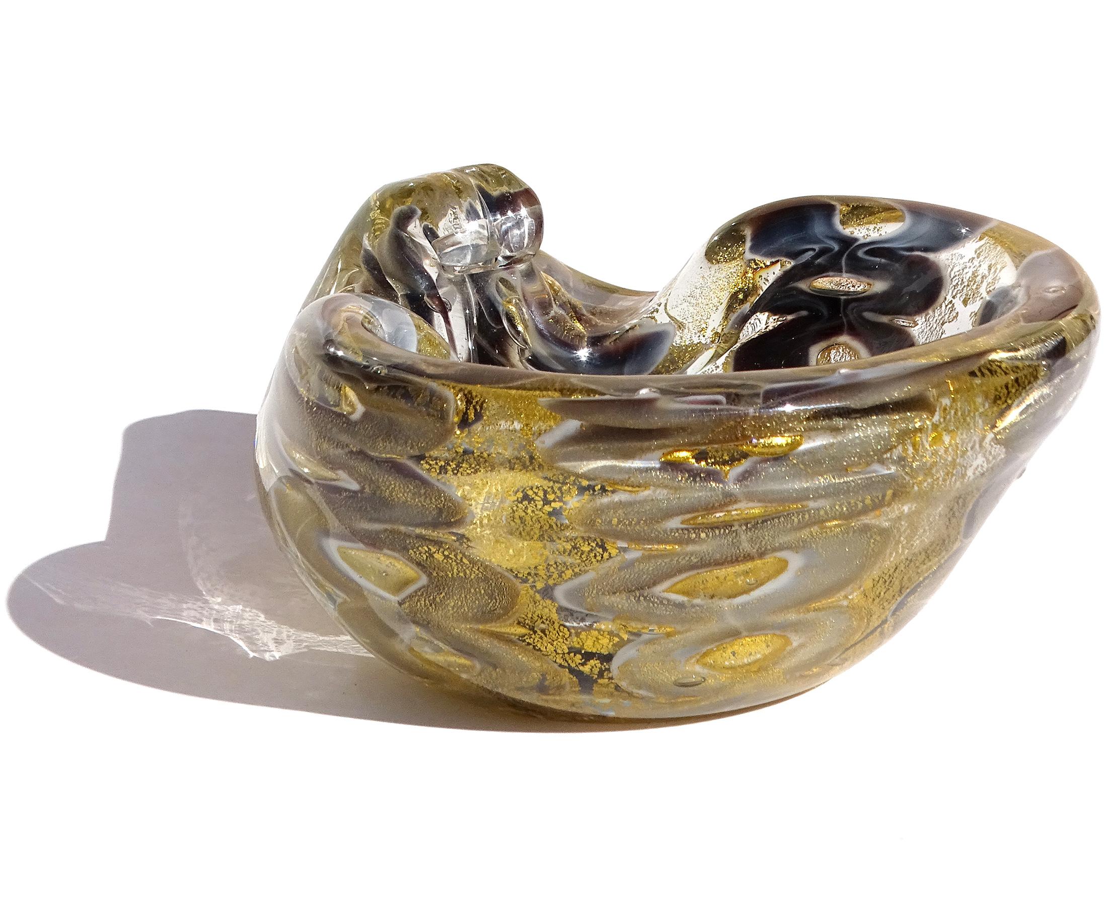 Italienische Barovier Toso-Dekoschale aus Murano-Kunstglas in Grau, Lila und Violett mit Goldflecken (Handgefertigt) im Angebot