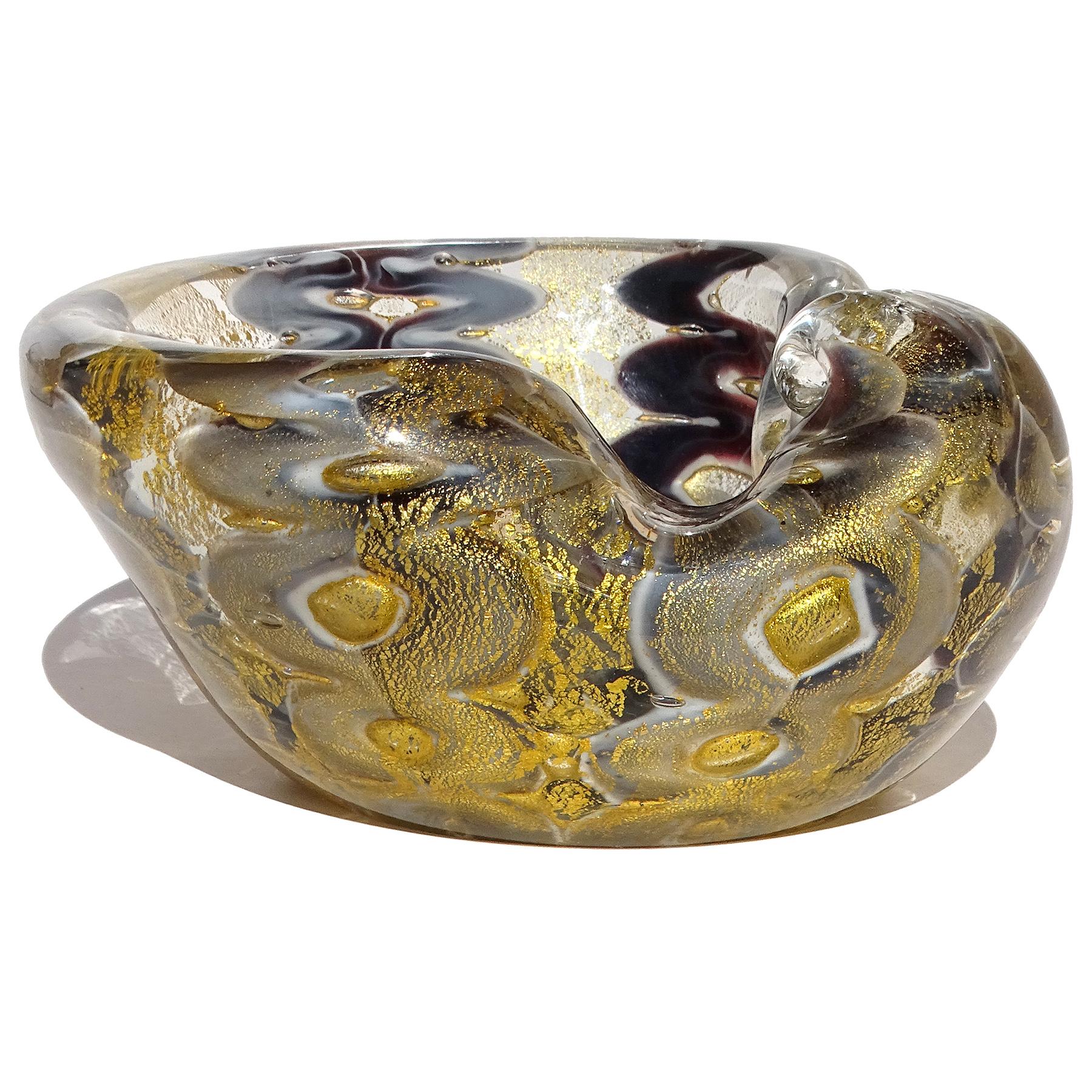 Italienische Barovier Toso-Dekoschale aus Murano-Kunstglas in Grau, Lila und Violett mit Goldflecken im Angebot 1