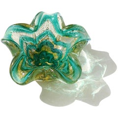 Barovier Toso Murano Green Gold Flecks Italian Art Glass Decorative Flower Bowl