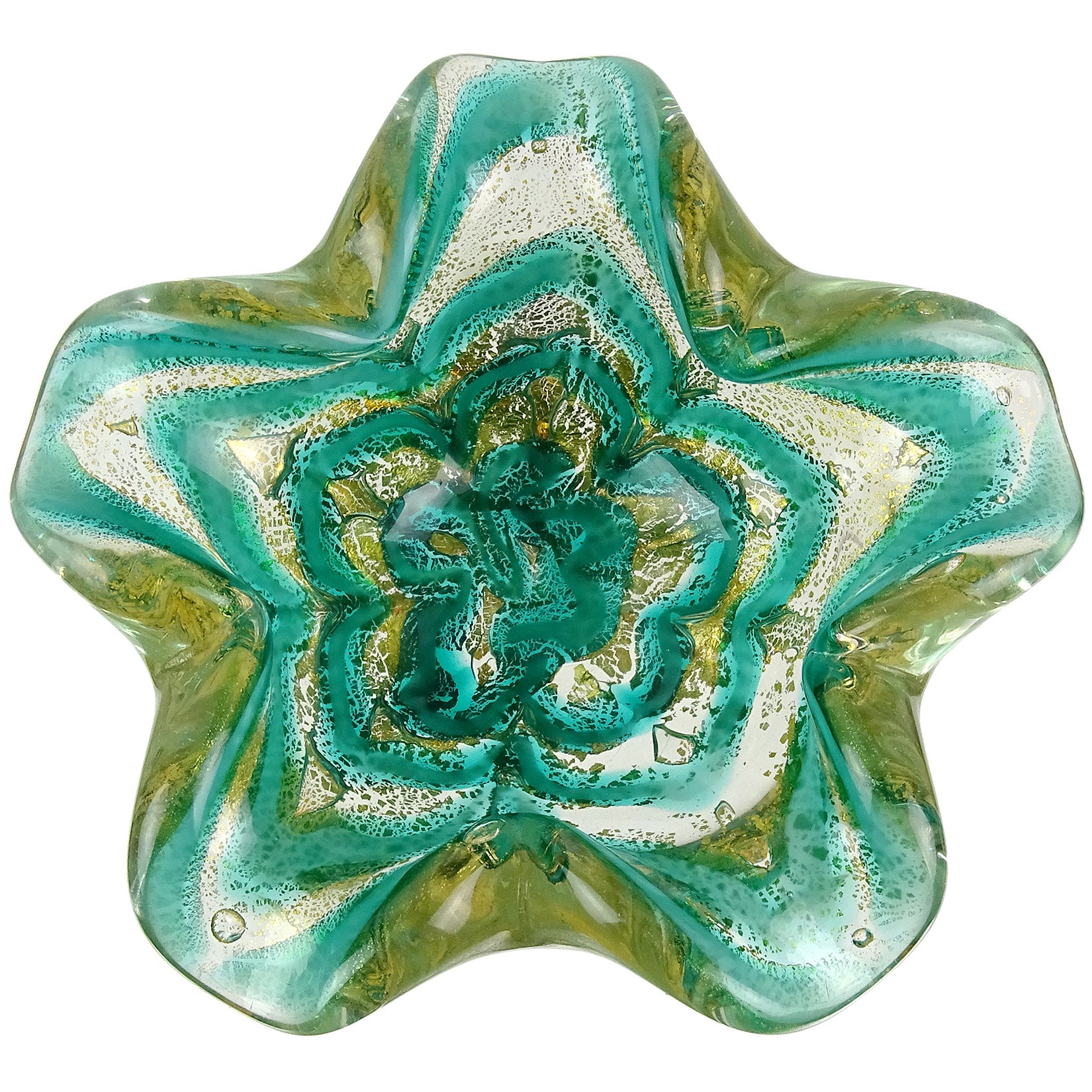 Barovier Toso Murano Green Gold Flecks Italian Art Glass Decorative Flower Bowl