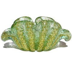 Barovier Toso Murano Green Gold Flecks Italian Art Glass Flower Form Bowl Dish