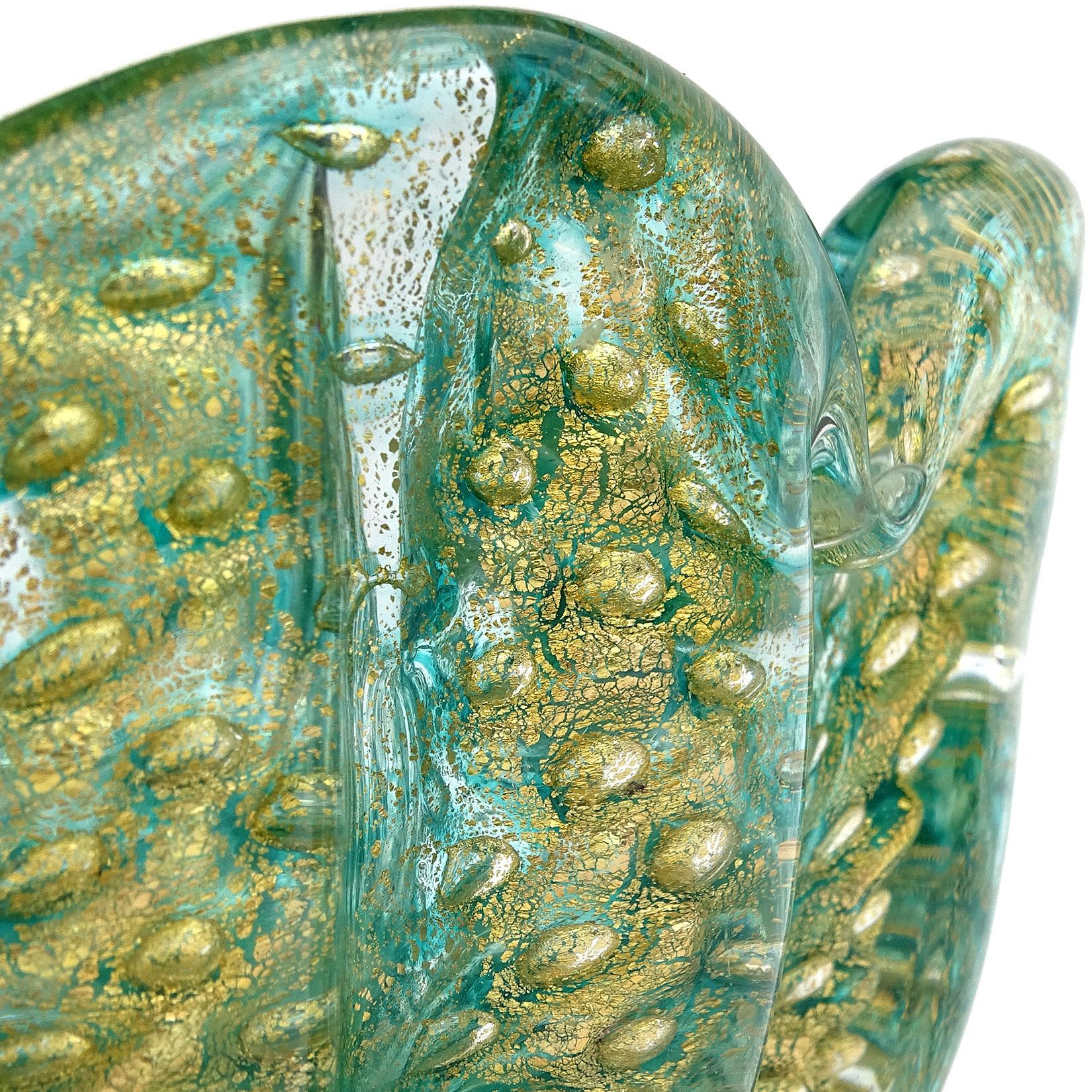 Mid-Century Modern Barovier e Toso Murano Green Gold Flecks Italian Art Glass Flower Form Bowl Dish