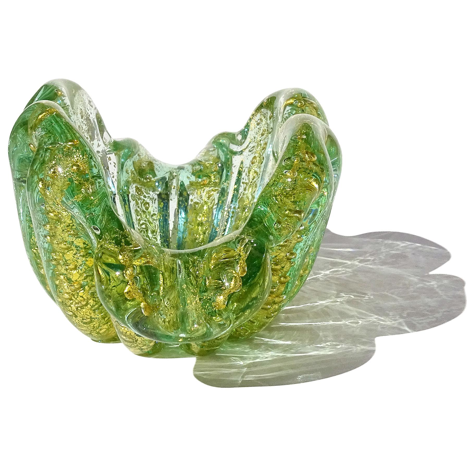Hand-Crafted Barovier Toso Murano Green Gold Flecks Italian Art Glass Flower Form Bowl Dish For Sale