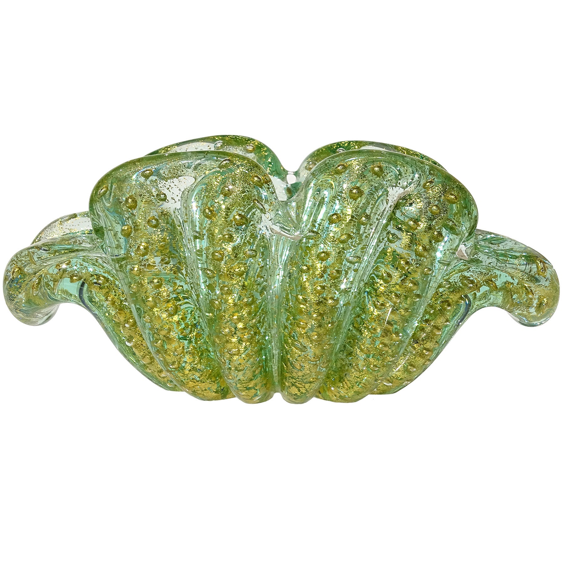 Barovier &Toso Murano Green Gold Flecks Italian Art Glass Flower Form Bowl Dish (Plat en forme de fleur en verre) en vente