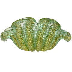 Barovier Toso Murano Green Gold Flecks Italian Art Glass Flower Form Bowl Dish
